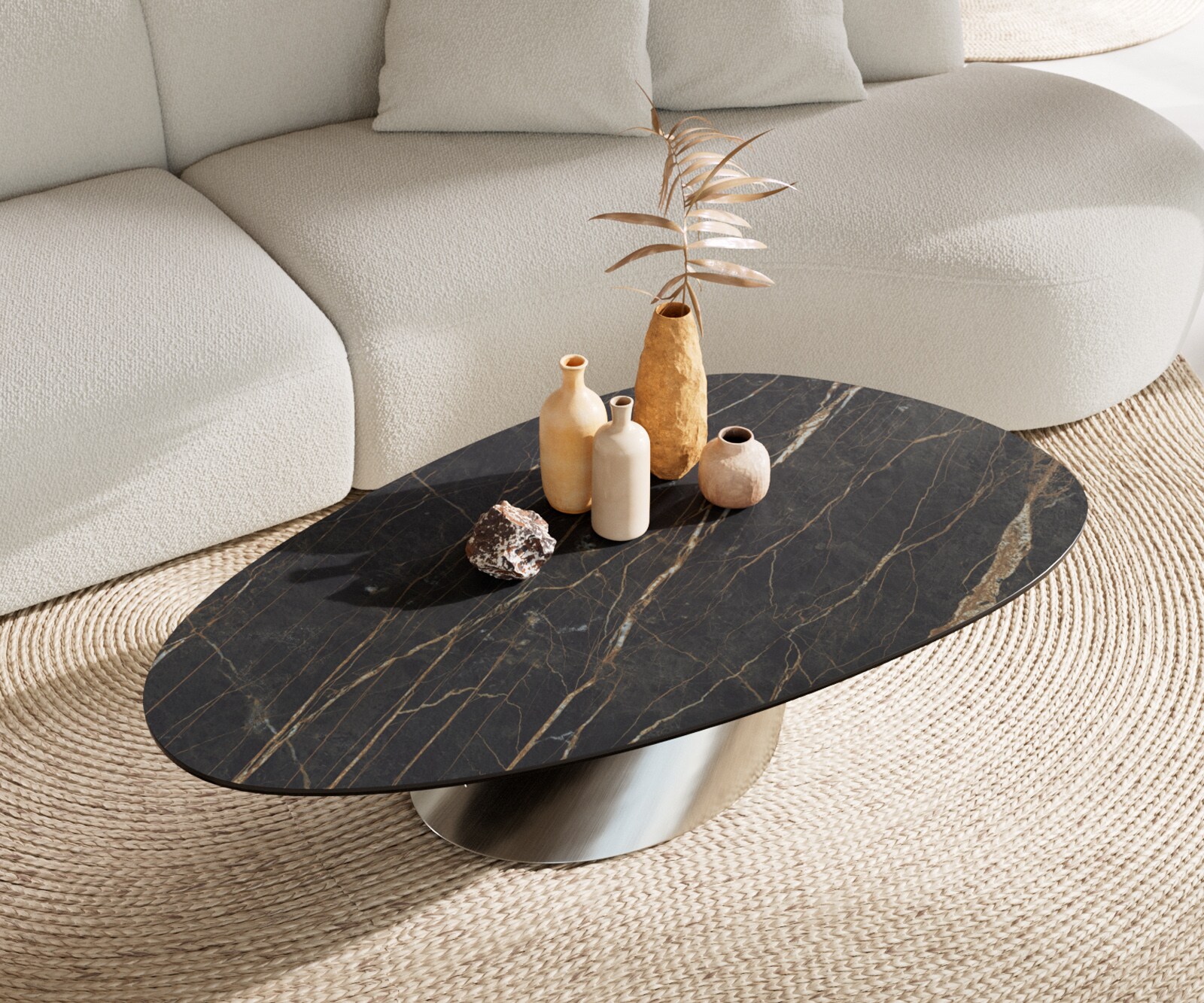 Table basse Edge Oval 140x75 cm céramique Laminam® Noir Desir brun Conis acier inoxydable brossé 3