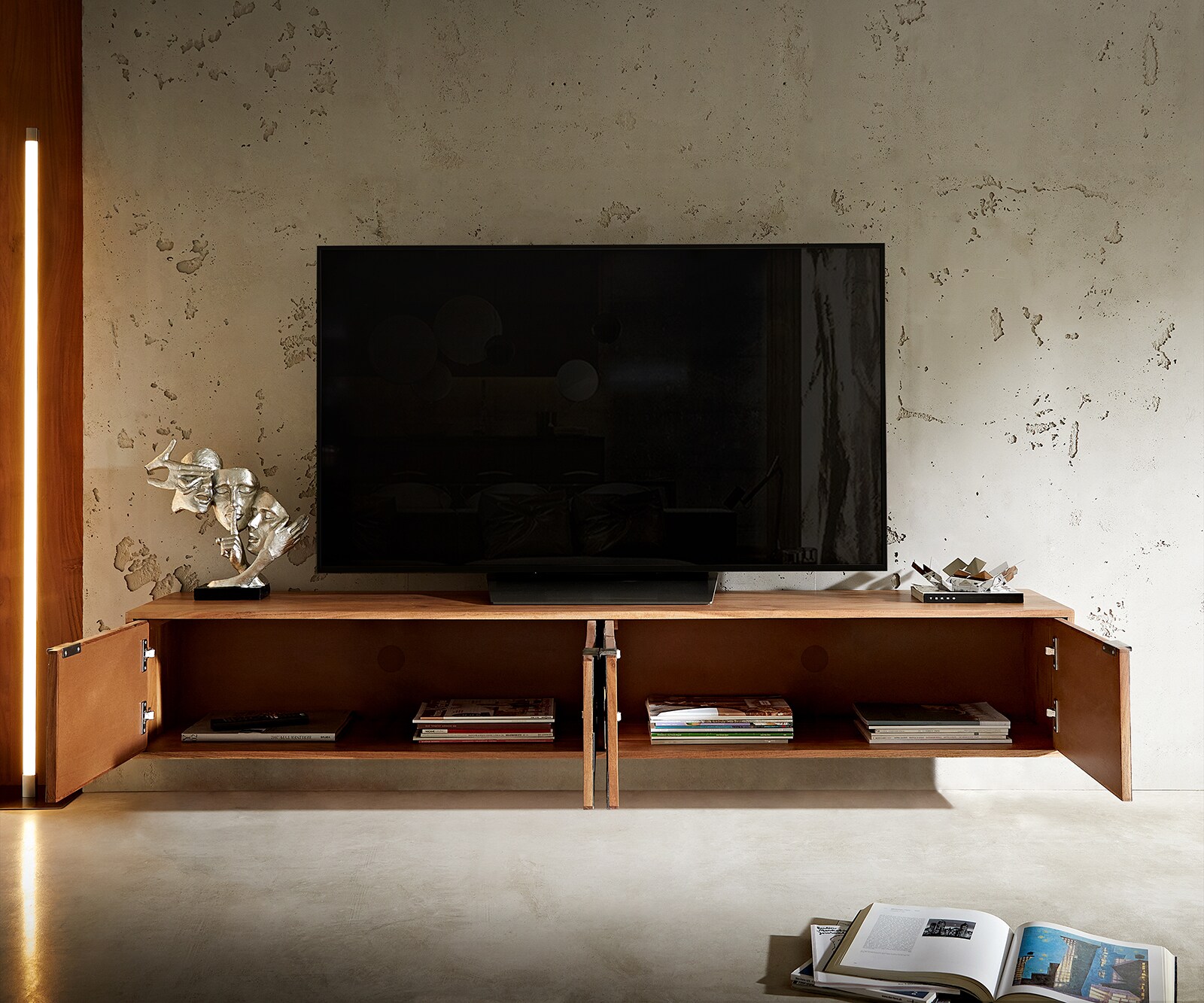 Meuble TV Teele 200 cm acacia naturel ardoise 4 portes flottantes 5