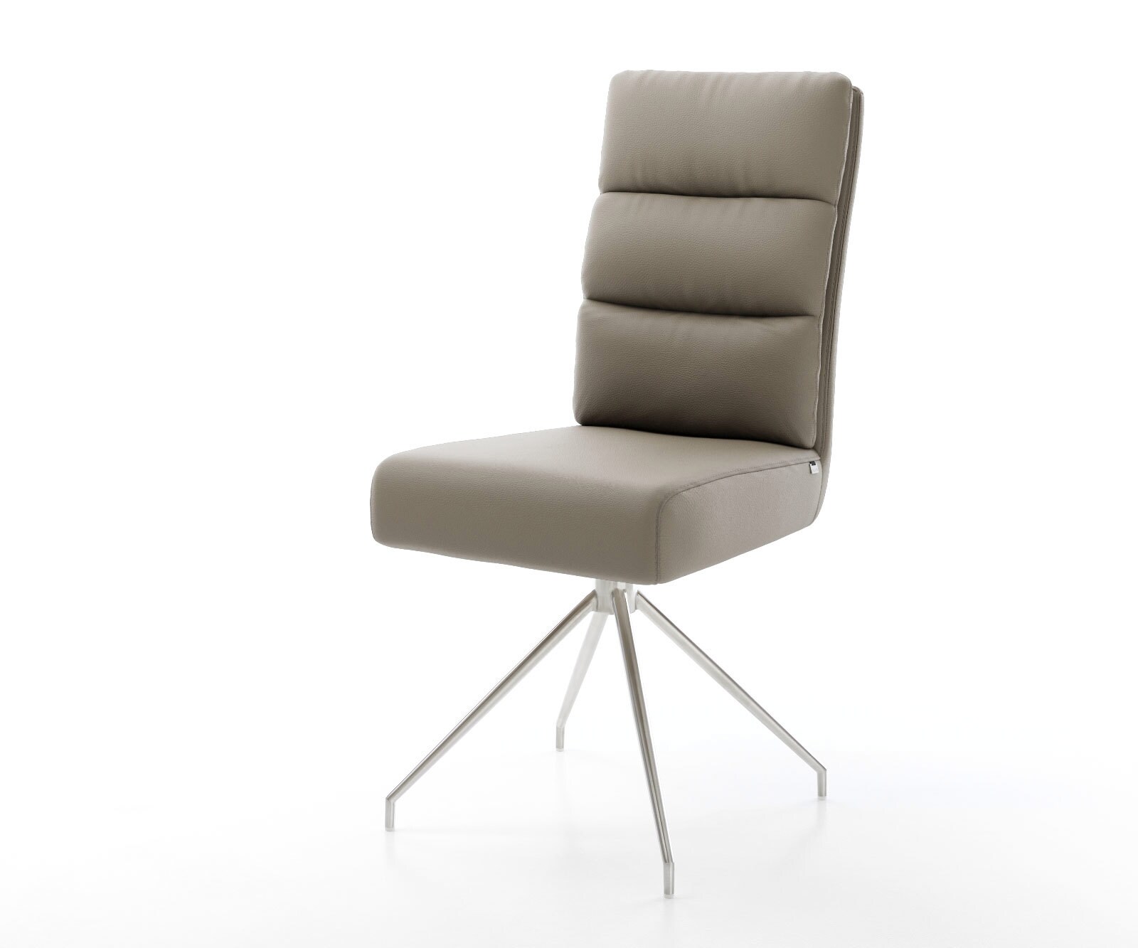 Chaise-de-salle-à-manger Pela-Flex cuir de vache couleur boue pied croisé conique acier inoxydable brossé ressorts ensachés