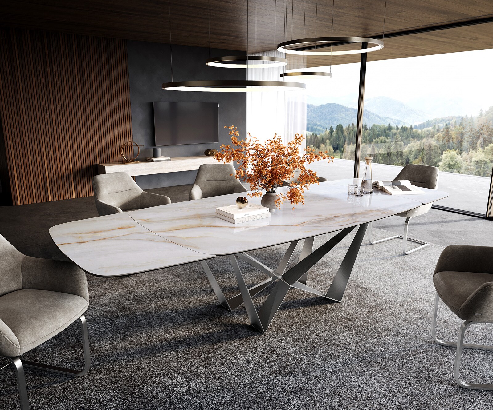 Table à manger Edge forme bateau 200-300x120 cm céramique Onyx Pearl Spider acier plat inox extensible 1