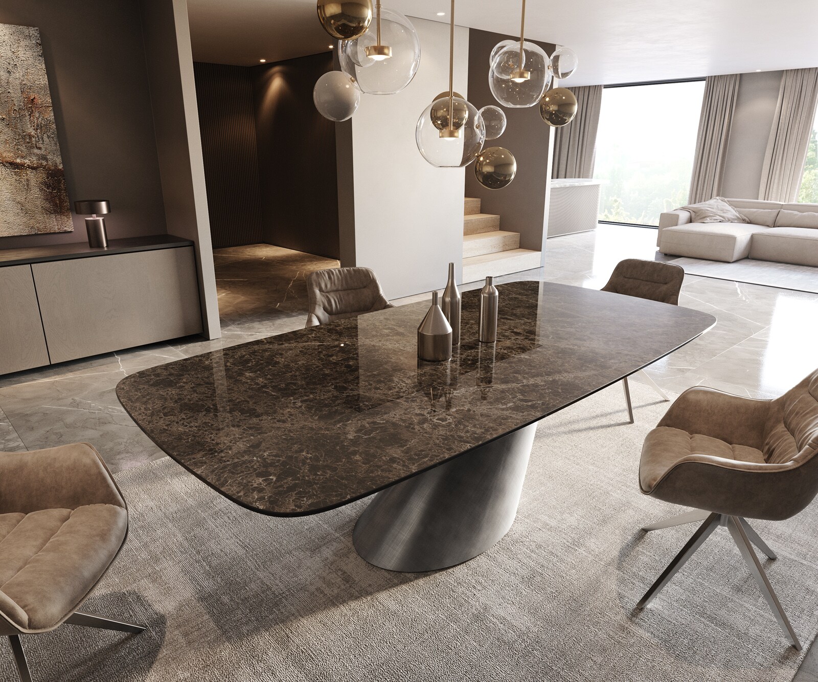 Table à manger Edge Boot 240x120 céramique Laminam® Emperador Extra Lucidato marron foncé Cono métallique argent 1