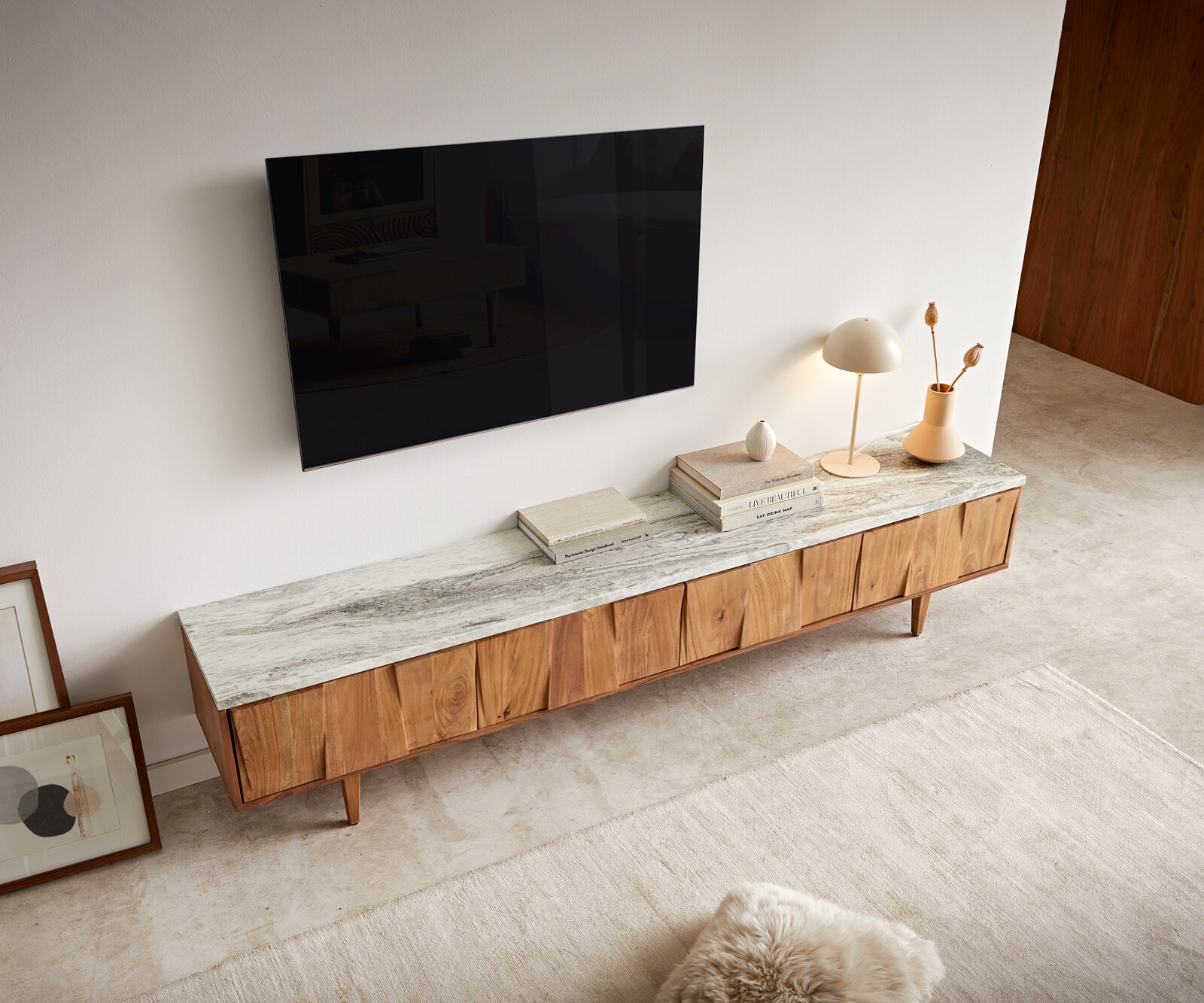 Meuble-TV Shia 200cm acacia naturel marbre gris-blanc 4 portes 4
