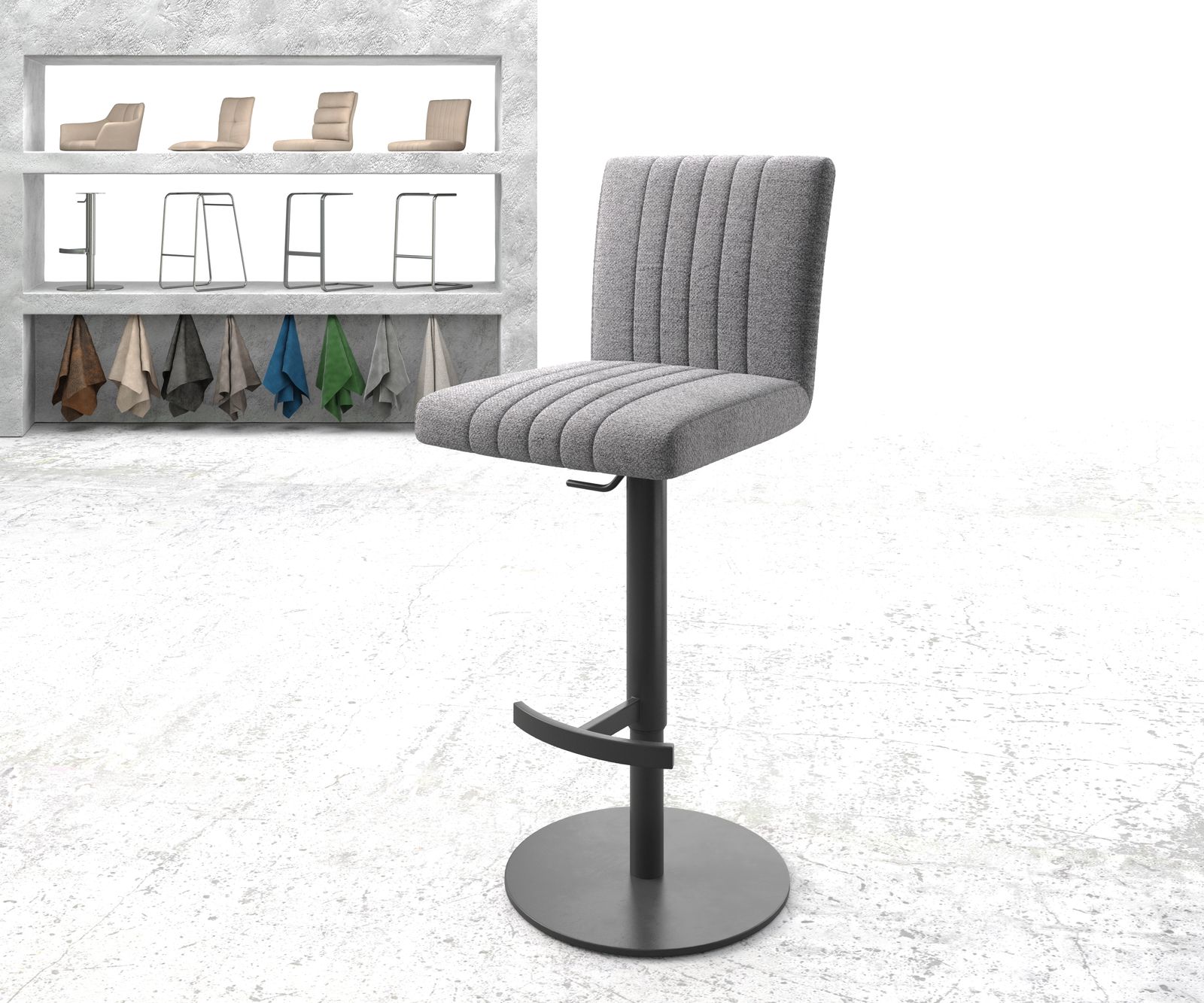 Chaise-de-bar Luiga-Flex tissu texturé gris clair pied pivotant réglable en hauteur métal 1