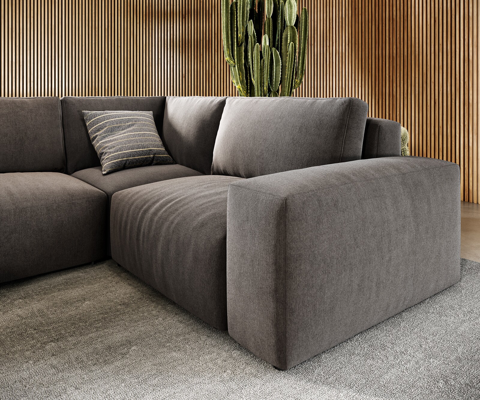 Grand canapé d’angle Lanzo 300x210 cm microfibre brun kaki méridienne réversible avec pouf 4