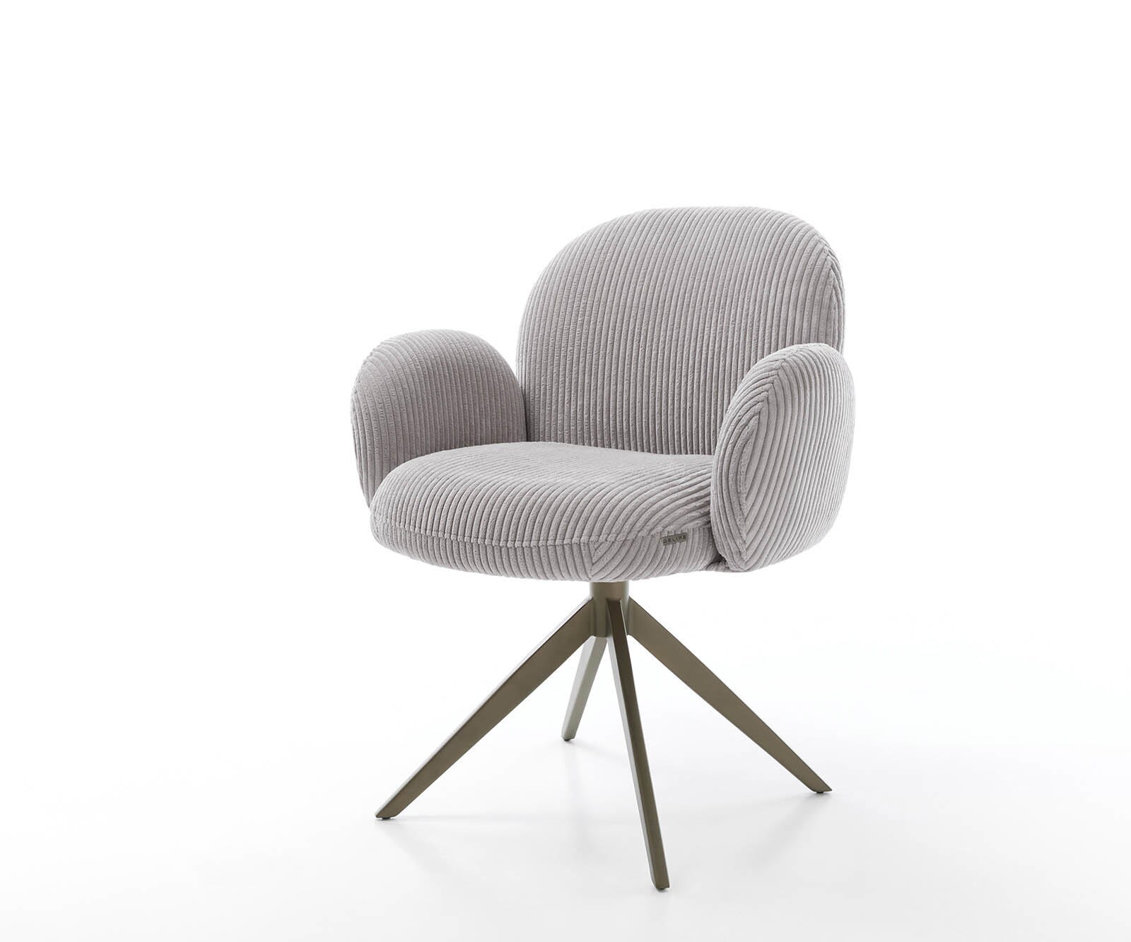 Chaise-pivotante Nube-Flex avec accoudoirs côtelé gris argenté pied croisé large aspect titane pivotement sur 360° ressorts ensachés