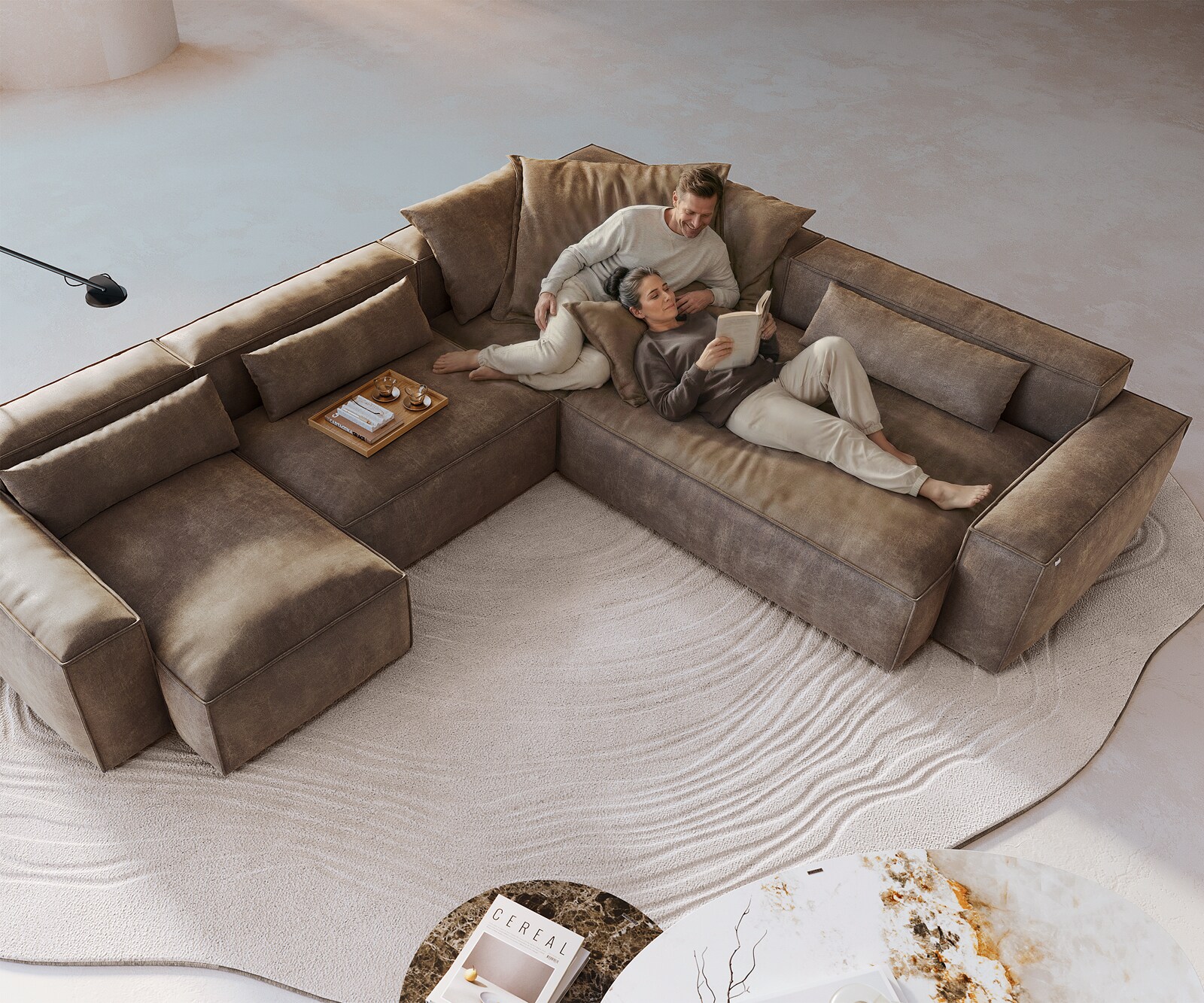 Canapé panoramique Freestyle 360x290 cm Tissu microfibre Taupe Vintage couture passepoilée 3