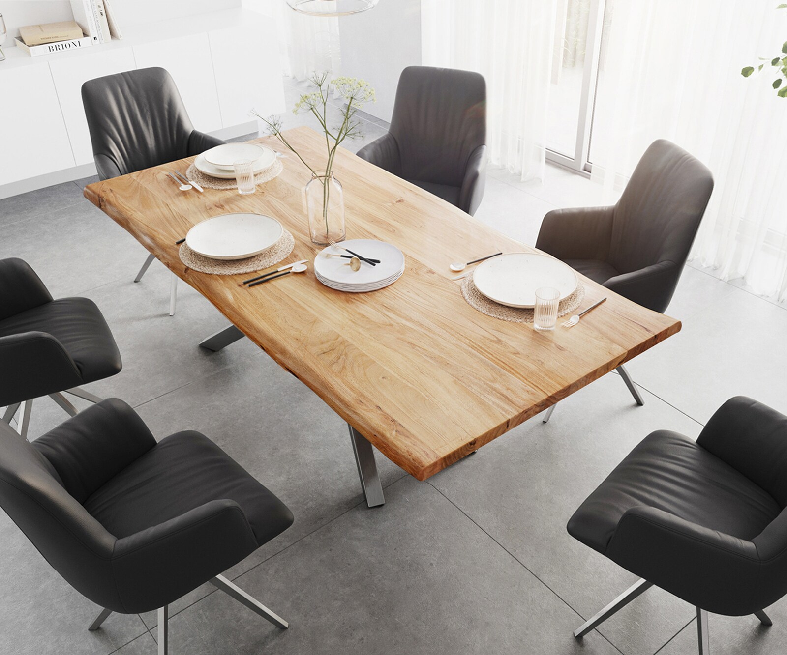 Table à manger Edge 200x100 acacia nature cadre croisé rectangle acier inoxydable Live-Edge 4