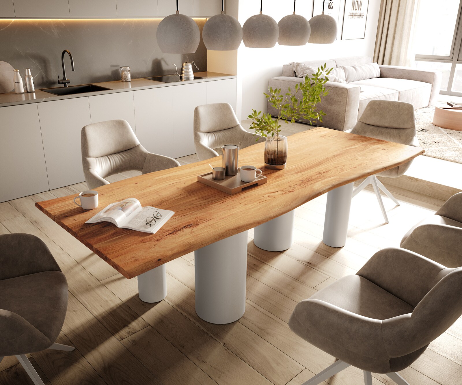 Table à manger Edge 260x100 Acacia Nature Pilier Métal Blanc Live-Edge 1
