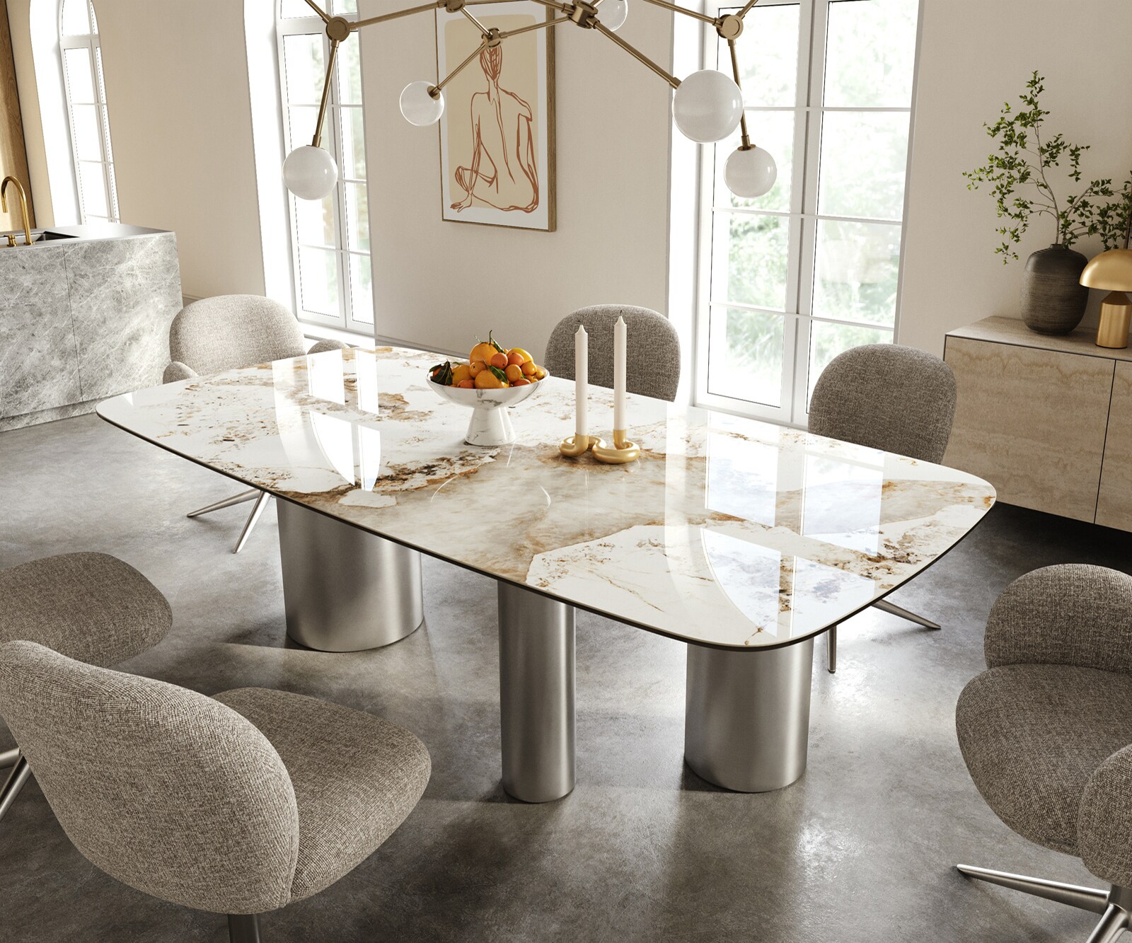 Table à manger Edge Boot 240x120 cm Céramique Minas Melange Blanc-Beige Troa Acier inoxydable gebürstet 1