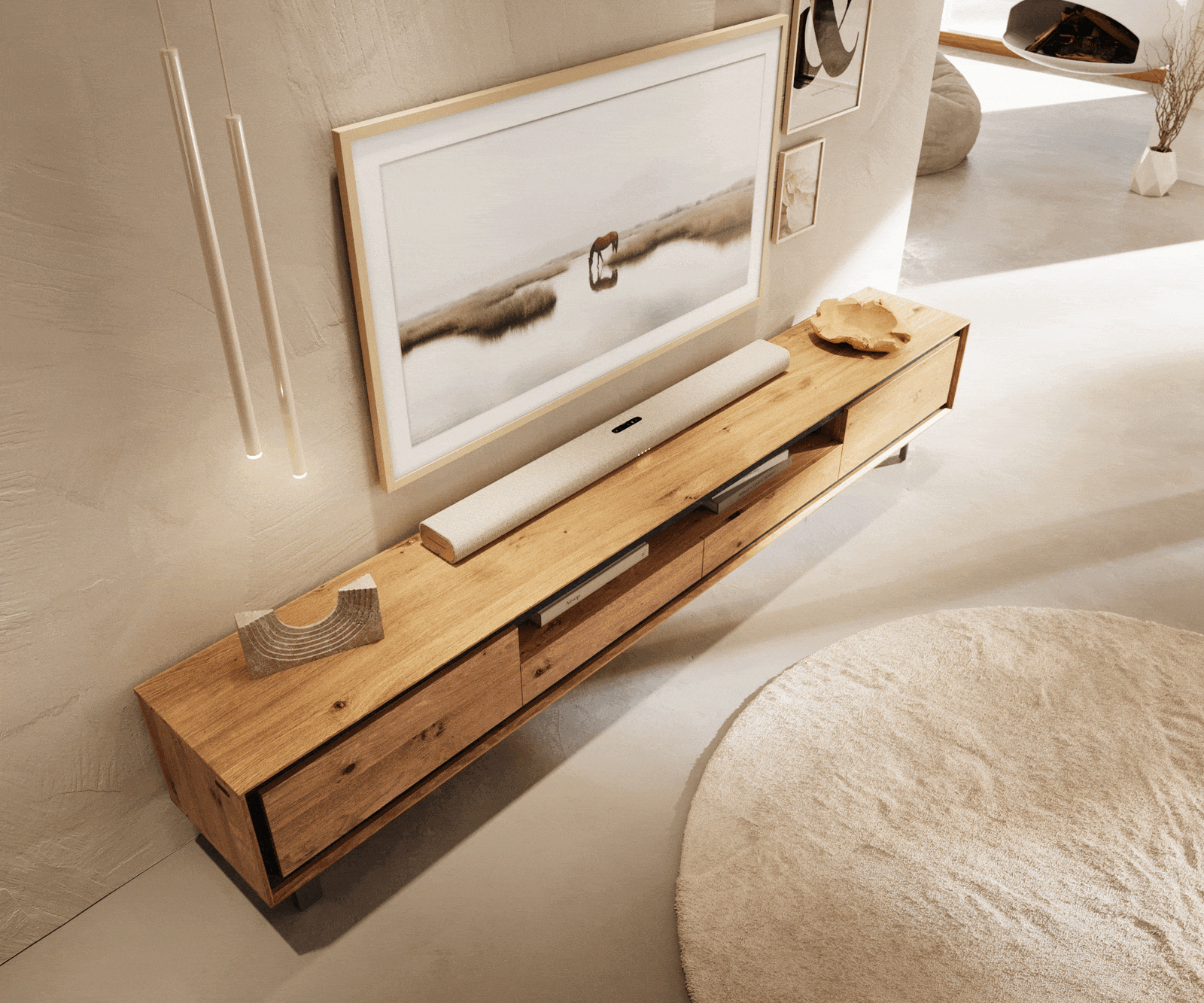 Meuble-TV Stonegrace 240 cm Chêne naturel 2 portes 2 tiroirs 1 compartiment Pied carré inoxydable brossé 4