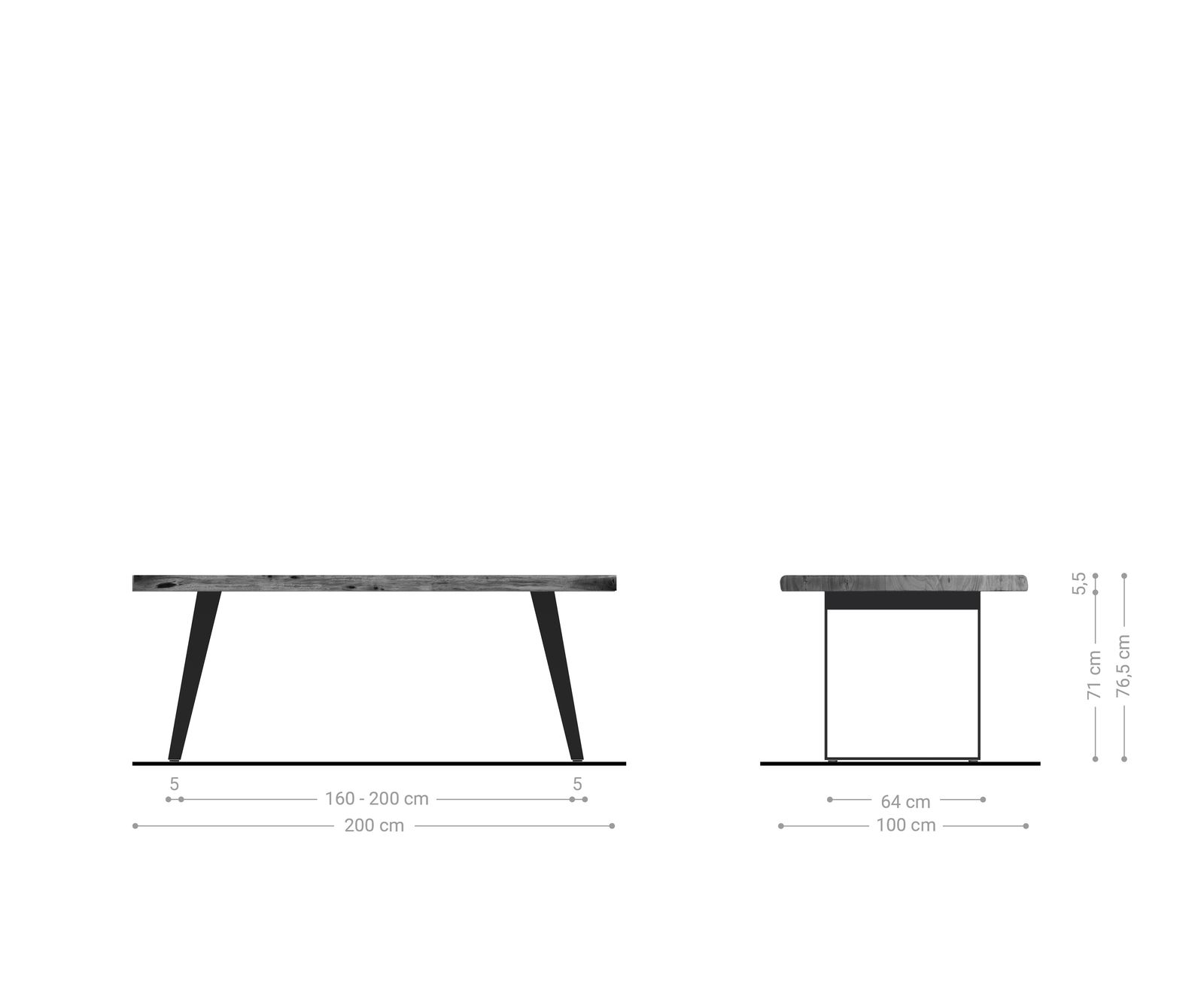 Table-à-manger Edge 200x100cm XL acacia nature acier inoxydable argent incliné Live-Edge 6