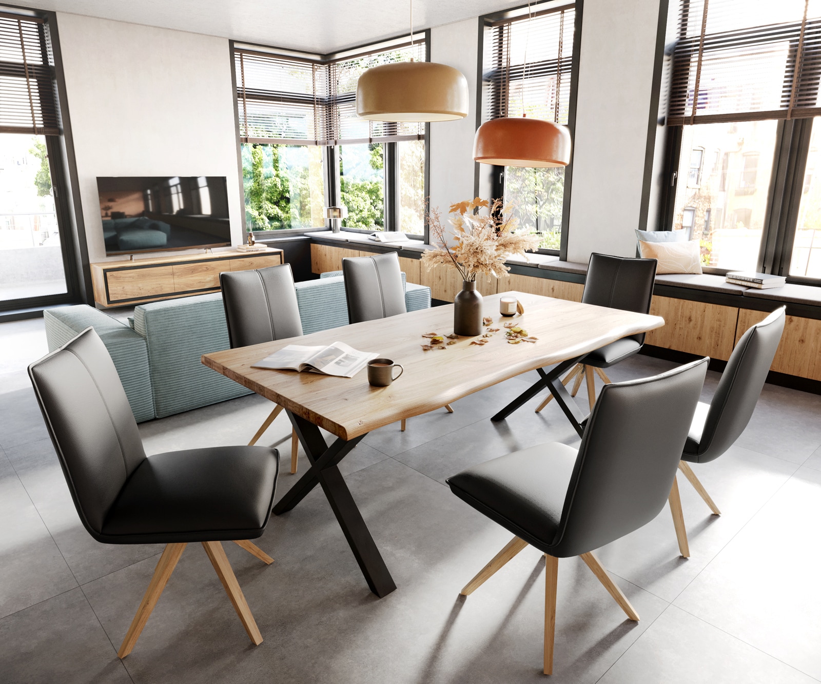 Chaise-de-salle-à-manger Lelio-Flex cuir de vache noir pied en bois angulaire naturel ressorts ensachés 4