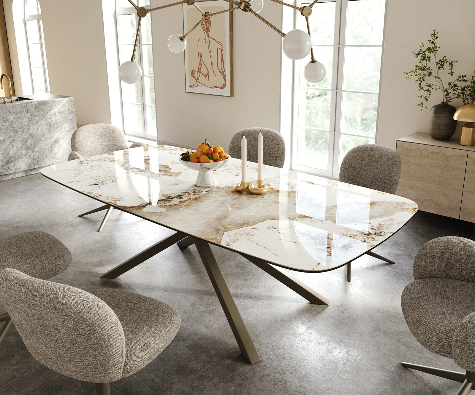 Table à manger Edge Boot 240x120 cm Céramique Minas Melange Blanc-Beige piètement en croix Rectangle Finition effet Titan 1