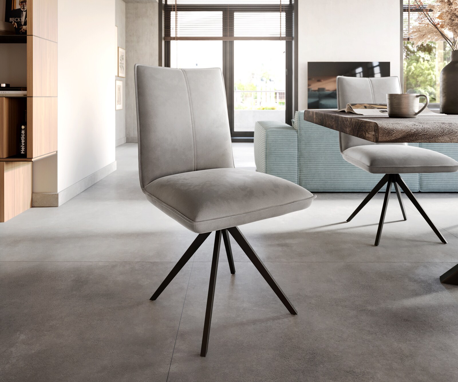 Chaise-de-salle-à-manger Lelio-Flex velours gris pied croisé large noir ressorts ensachés