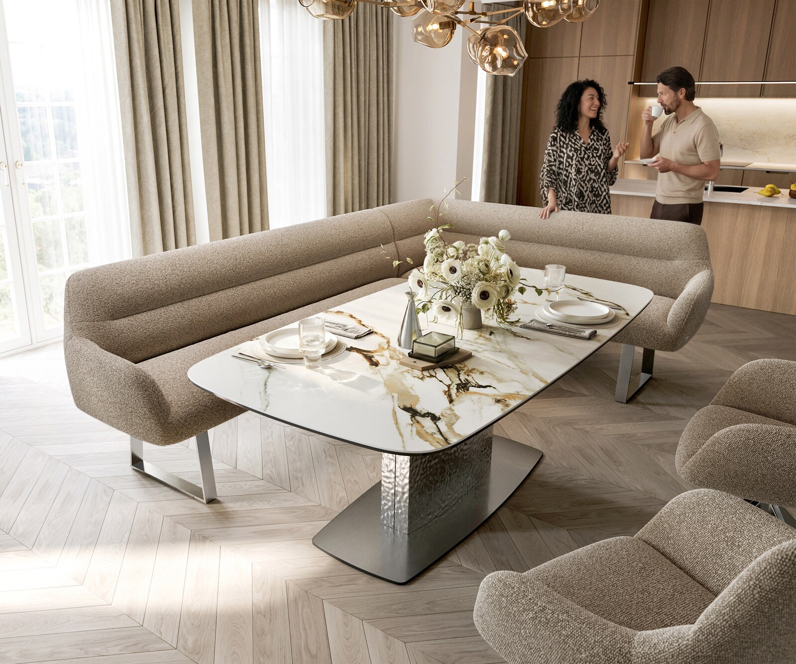 Banc-de-salle-à-manger Taya-Flex 285x190 cm bouclé boue piètement à patins angulaire acier inoxydable ressort ensaché liens 1