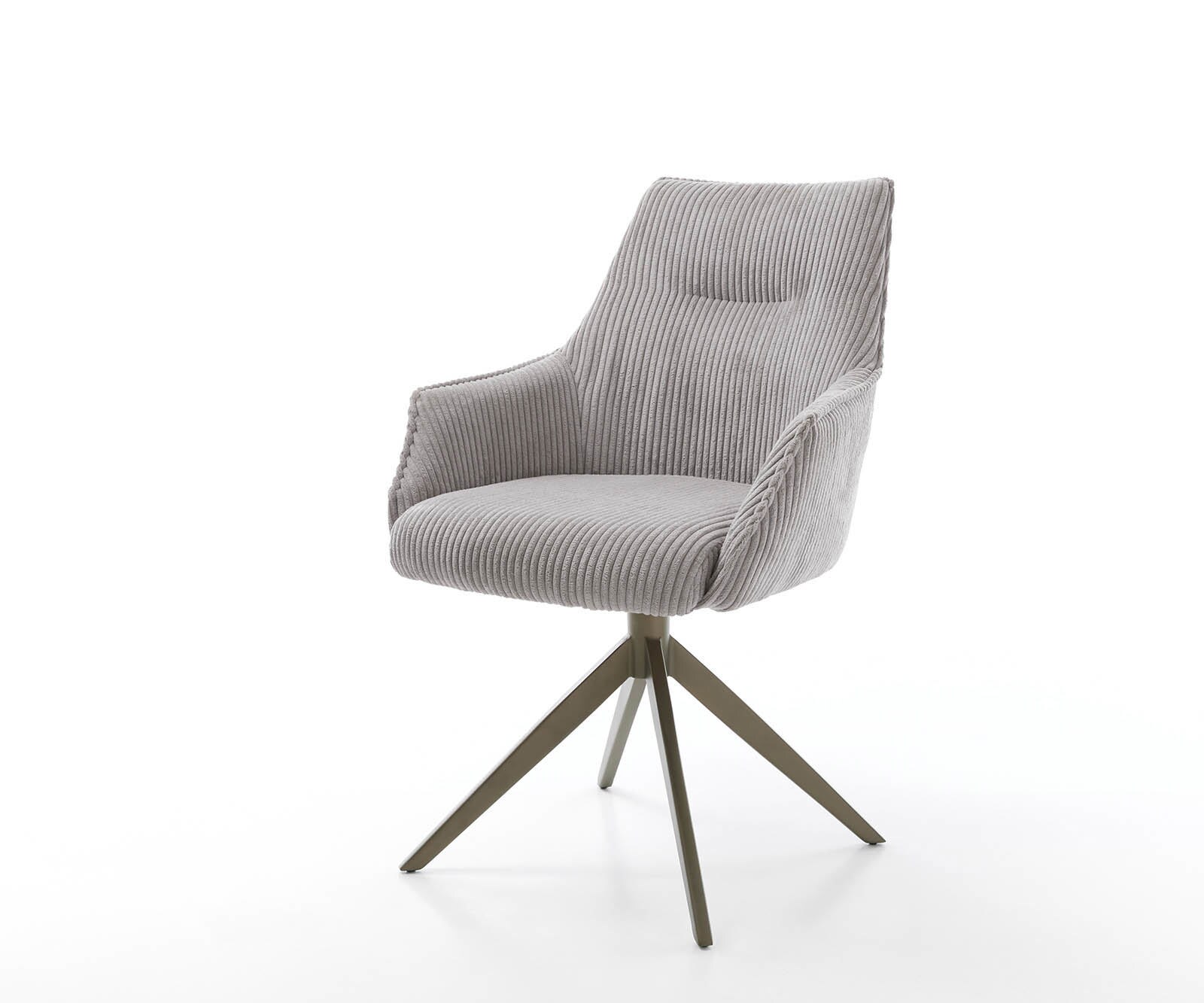 Chaise-pivotante Alja-Flex avec accoudoirs côtelé gris argenté pied croisé large aspect titane pivotement sur 360° ressorts ensachés