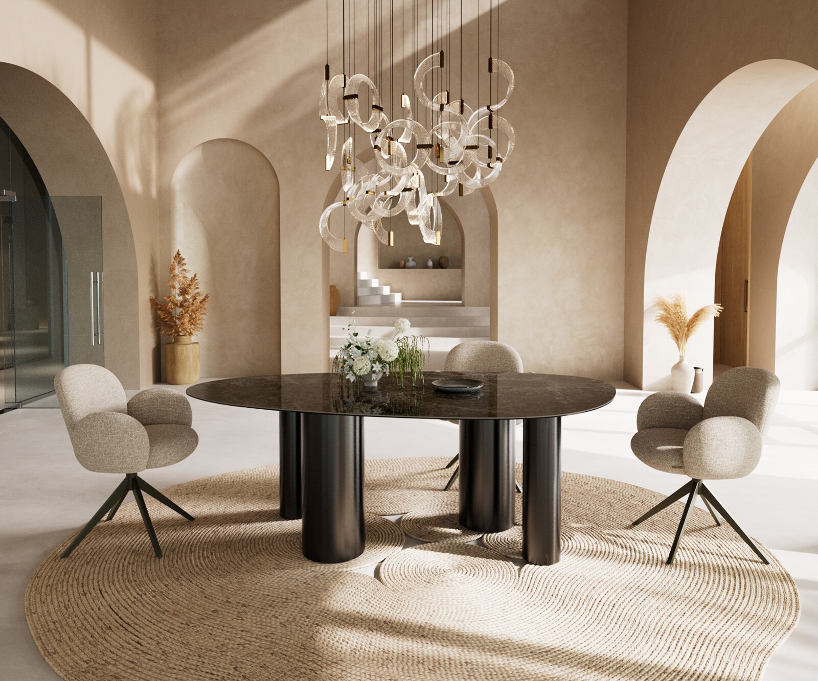 Table de salle à manger Edge Ovale Céramique Emperador Extra Lucidato Brun foncé 220x120 Pilier Acier inoxydable Graphite 4