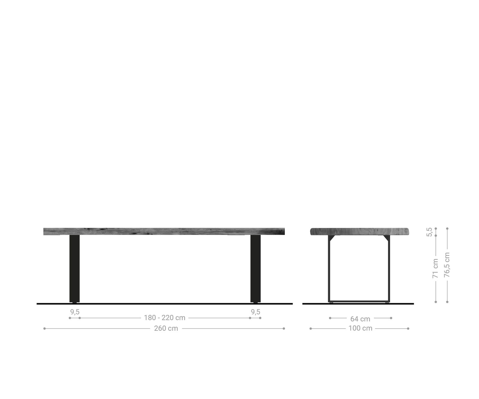 Table-à-manger Edge 260x100 XL acacia platine acier inoxydable mince Live-Edge 7
