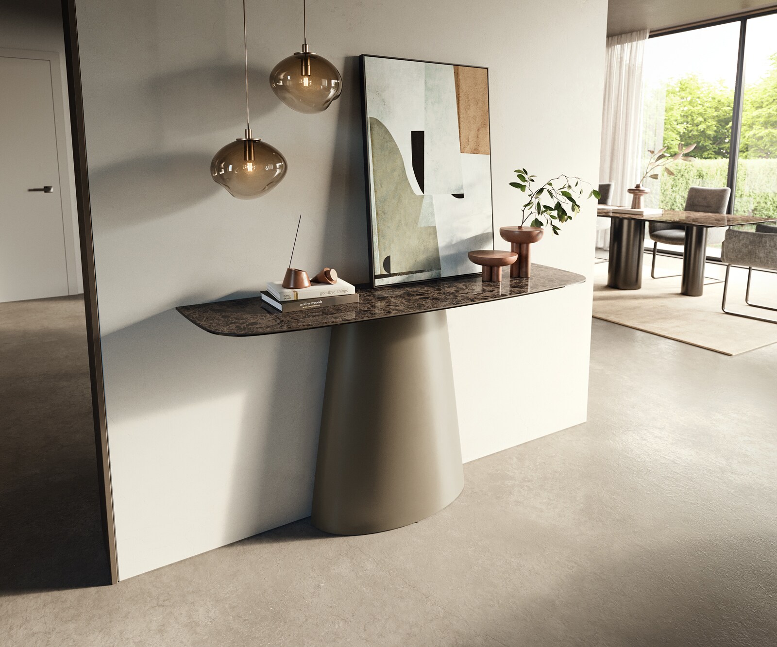 Console Edge forme bateau 140x40 cm Céramique Emperador Extra Lucidato Dunkelbraun Conos Métal Effektfinish Titan 3