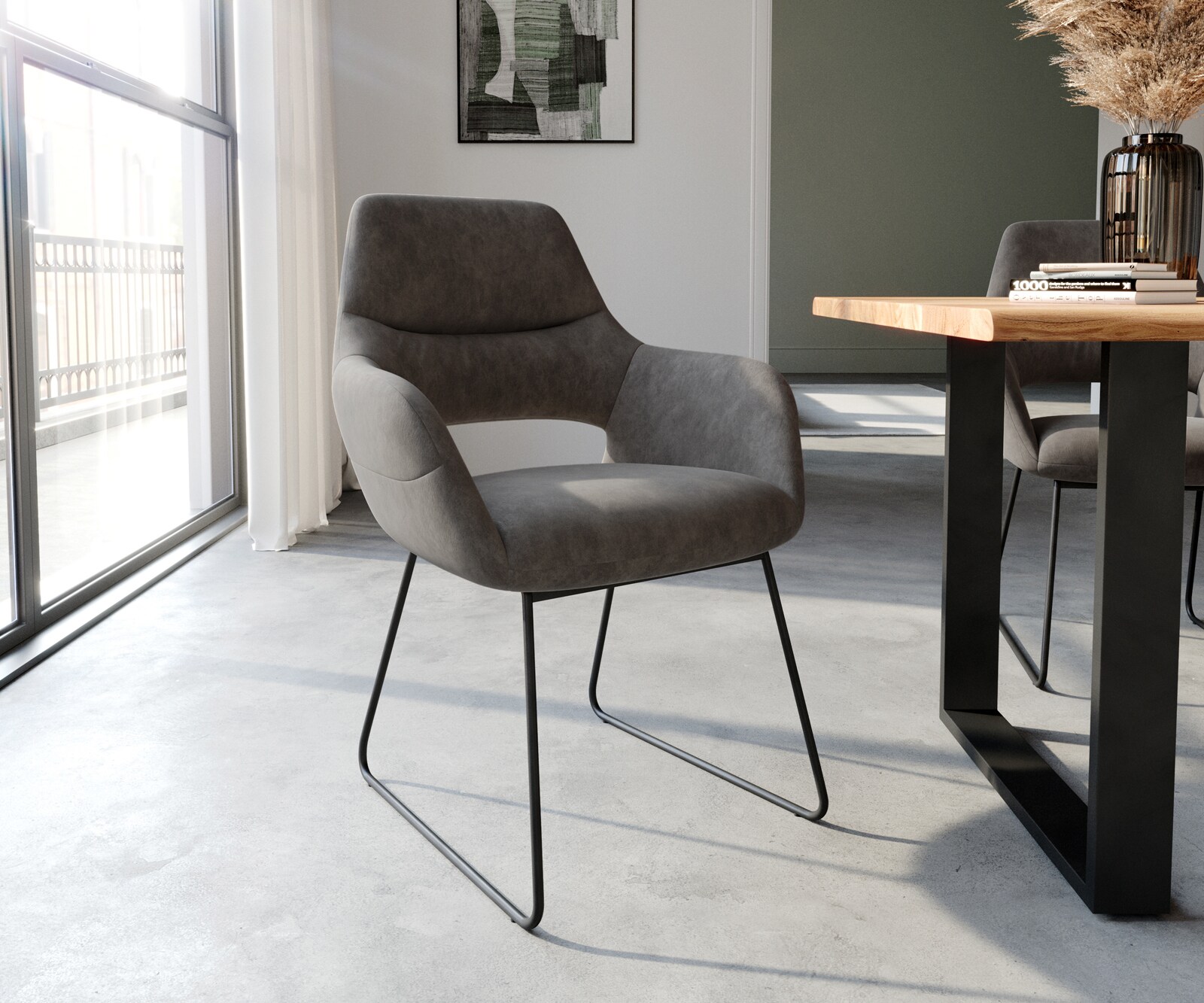 Chaise-de-salle-à-manger Yago-Flex avec accoudoirs microvelours anthracite vintage pied trapèze noir ressorts ensachés
