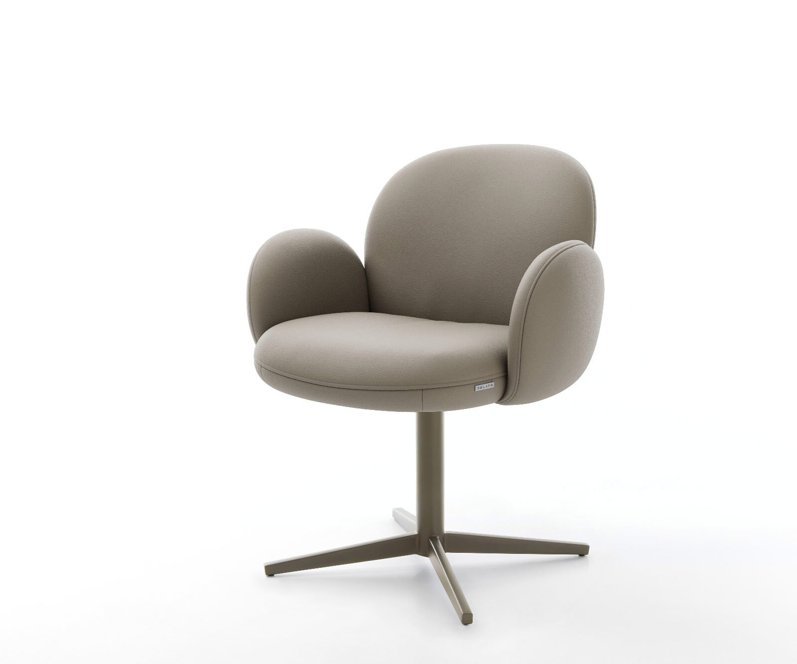 Chaise-pivotante Nube-Flex avec accoudoirs cuir de vache couleur boue pied de chaise 4 branches aspect titane pivotement sur 360° ressorts ensachés