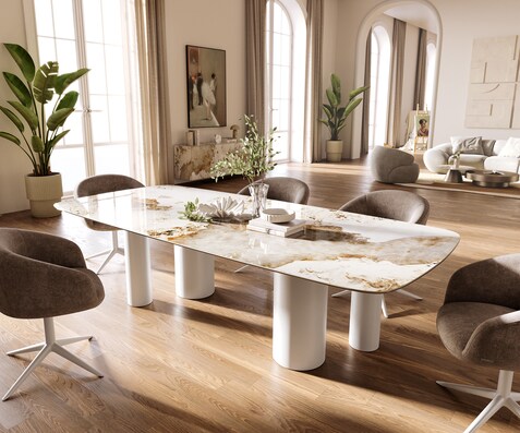 Table à manger Edge Boot 260x120 cm Céramique Minas Melange Blanc-Beige Pilier Métal Blanc