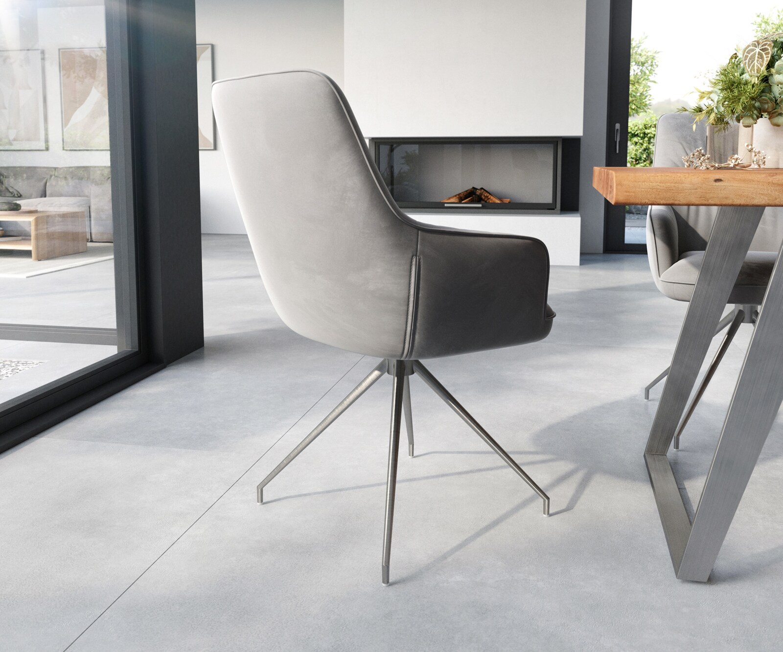 Chaise-de-salle-à-manger Zelia-Flex avec accoudoirs velours gris pied croisé conique acier inoxydable brossé ressorts ensachés 4 Chaise-de-salle-à-manger Zelia-Flex avec accoudoirs velours gris pied croisé conique acier inoxydable brossé ressorts ensachés 4