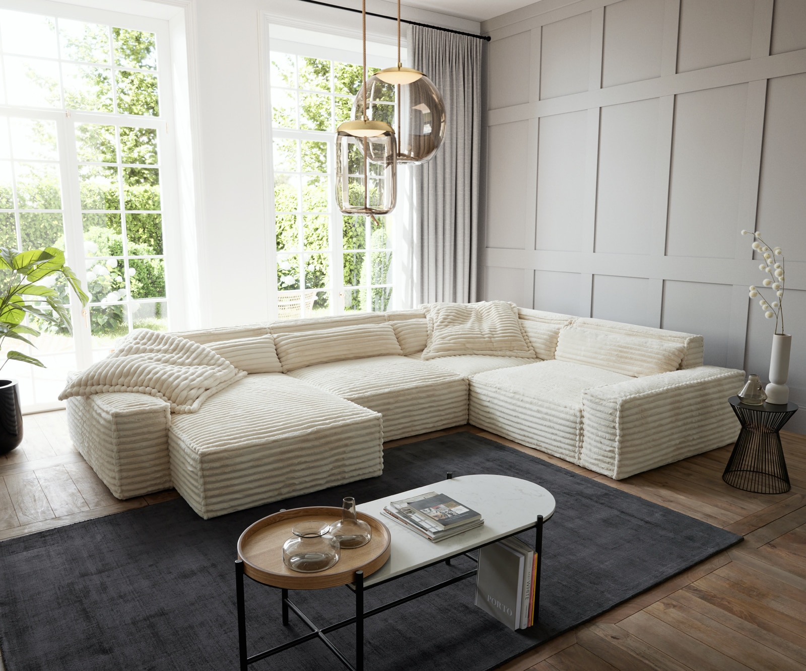 Canapé panoramique Sirpio XL 360x260 cm velours côtelé Beige Recamière variable Canapé panoramique Sirpio XL 360x260 cm velours côtelé Beige Recamière variable