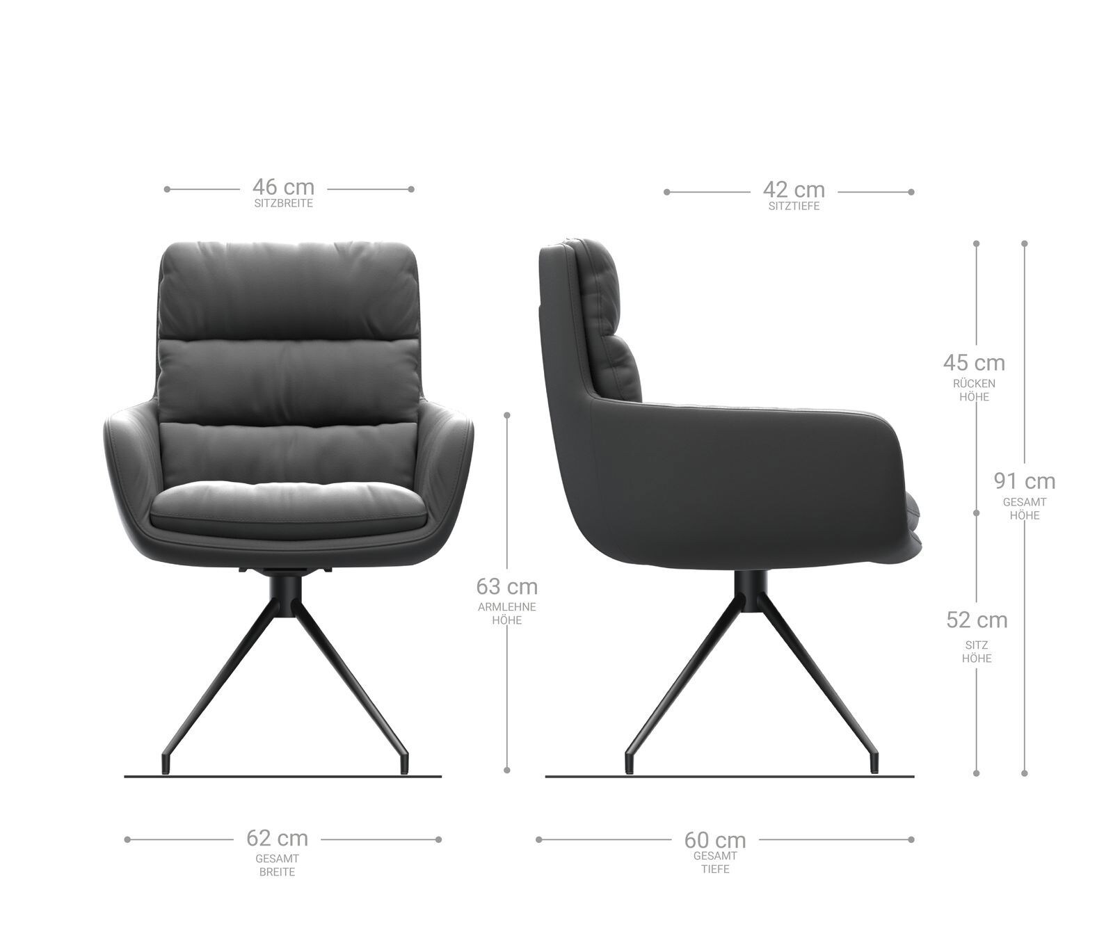 Chaise-de-salle-à-manger Abelia-Flex avec accoudoirs cuir de vache noir pied croisé conique noir 5 Chaise-de-salle-à-manger Abelia-Flex avec accoudoirs cuir de vache noir pied croisé conique noir 5
