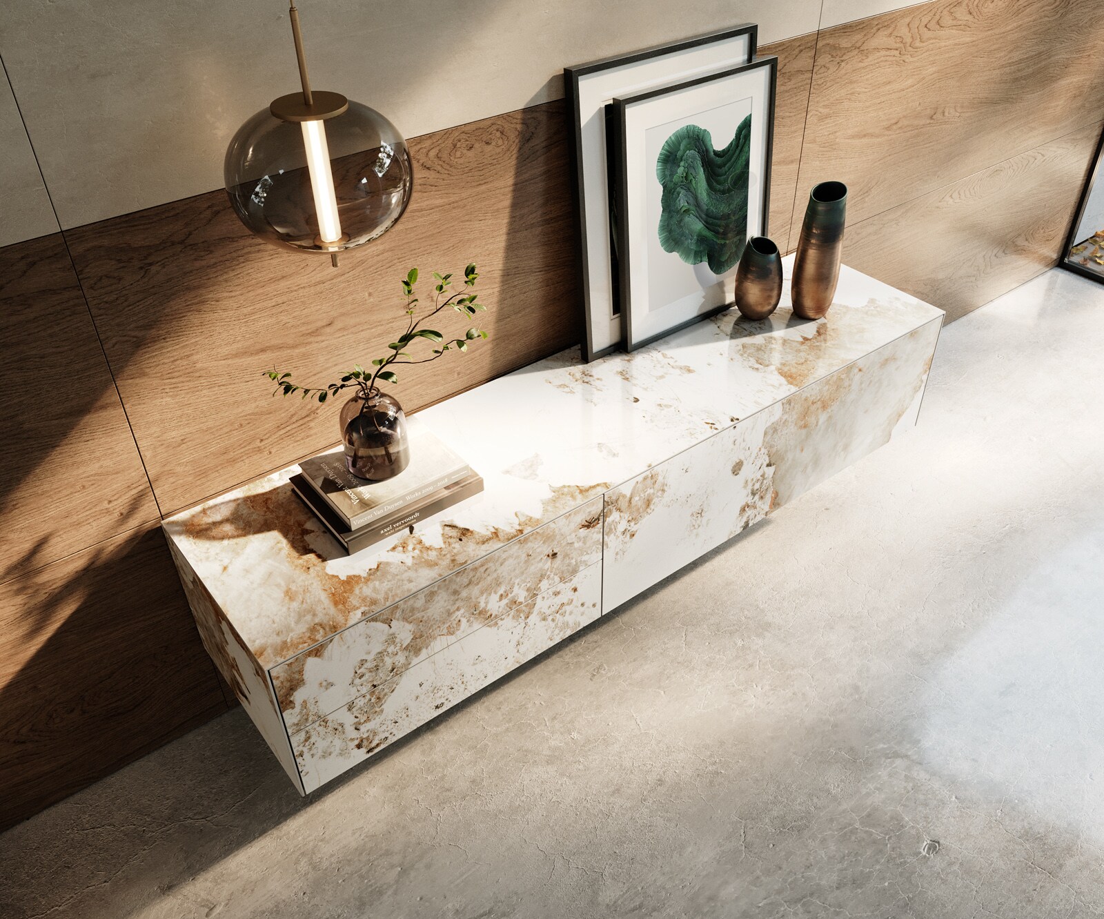 Meuble-TV Cuor 180 cm Céramique Minas Melange Blanc-beige 1 Clapet 2 Tiroirs Flottant 4
