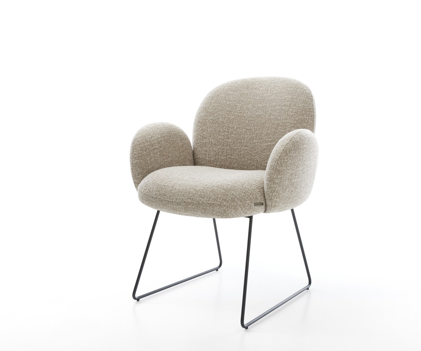 Chaise-de-salle-à-manger Nube-Flex avec accoudoirs tissu tissé doux beige pied trapèze noir resorts ensachés 1