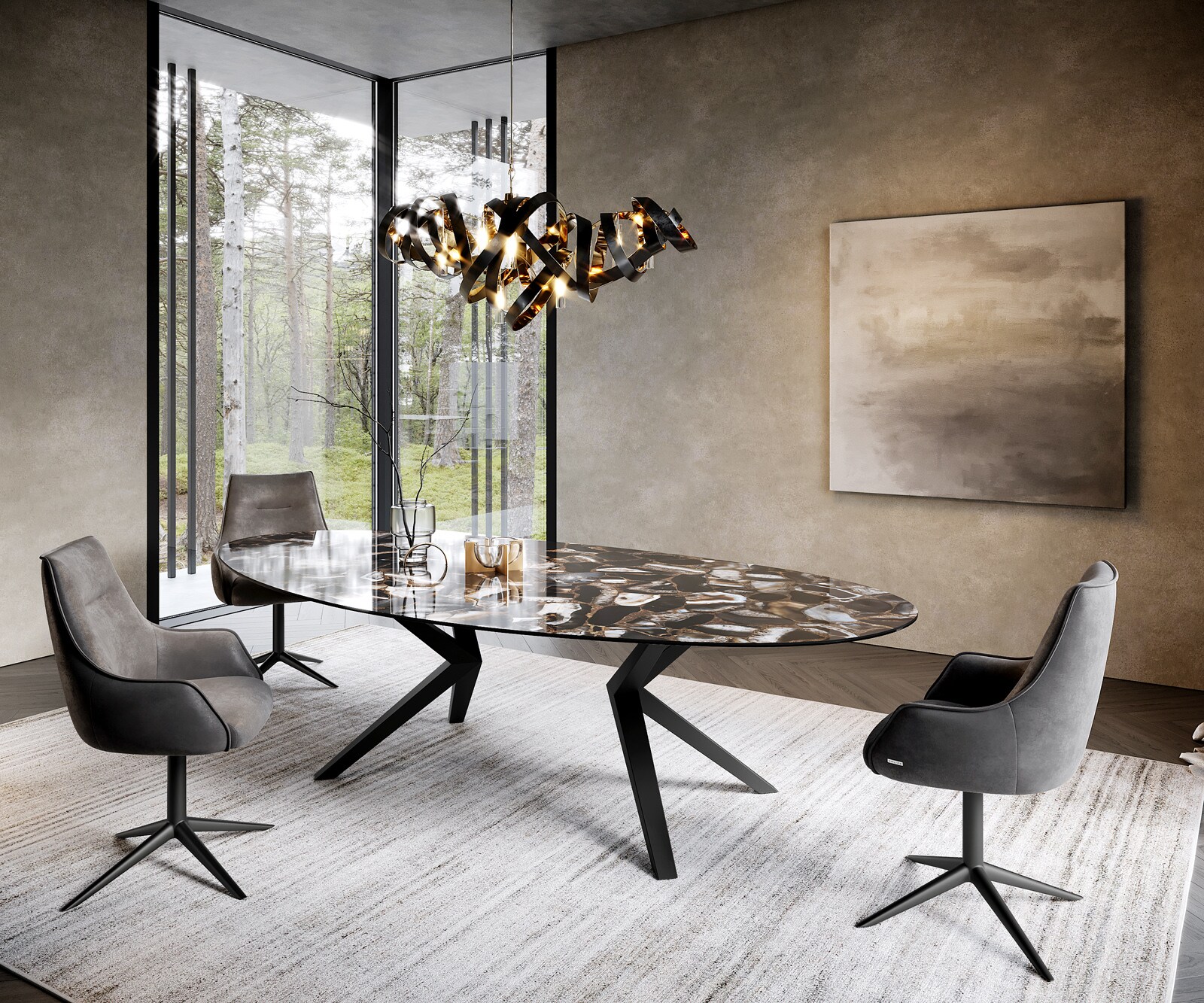 Table à manger Edge Ovale 280x130 Céramique Iris FMG Agatablack Zenthara anguleux Métal Noir 4