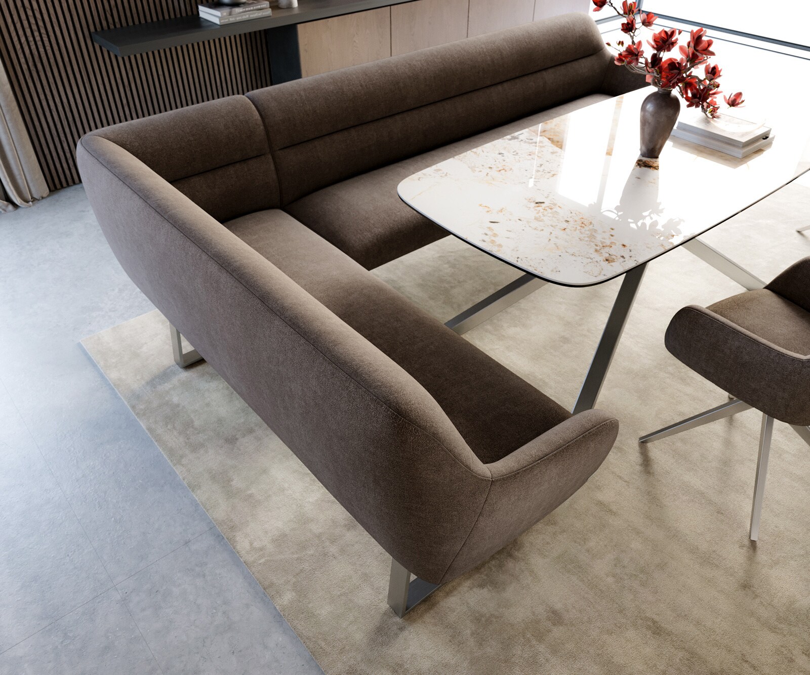 Banc-de-salle-à-manger Taya-Flex 285x190 cm tissu structuré doux taupe piètement à patins angulaire acier inoxydable ressort ensaché liens 4