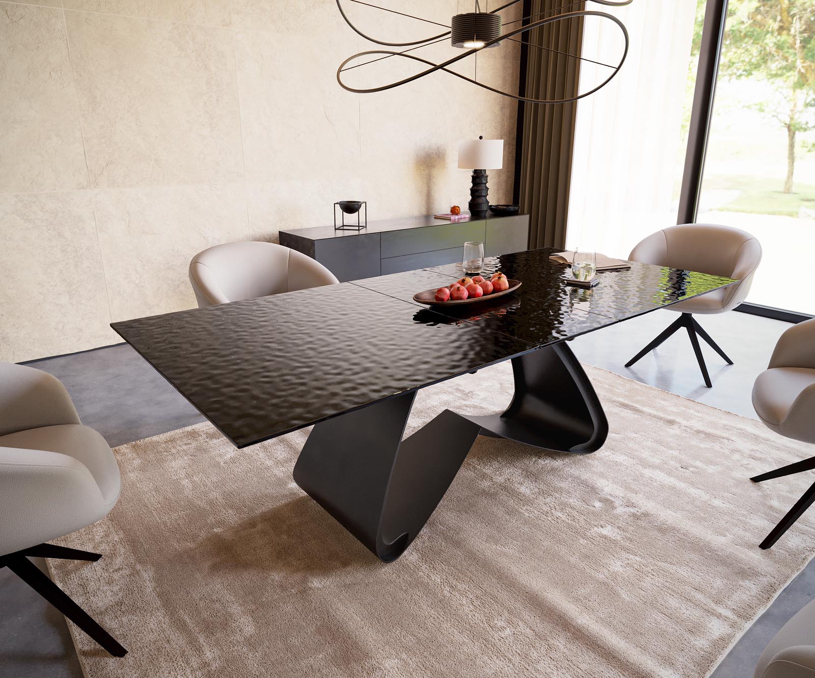 Table à manger Edge 180-220x100 verre fondu noir fumé relief en 3D cadre en W noir extensible Table à manger Edge 180-220x100 verre fondu noir fumé relief en 3D cadre en W noir extensible