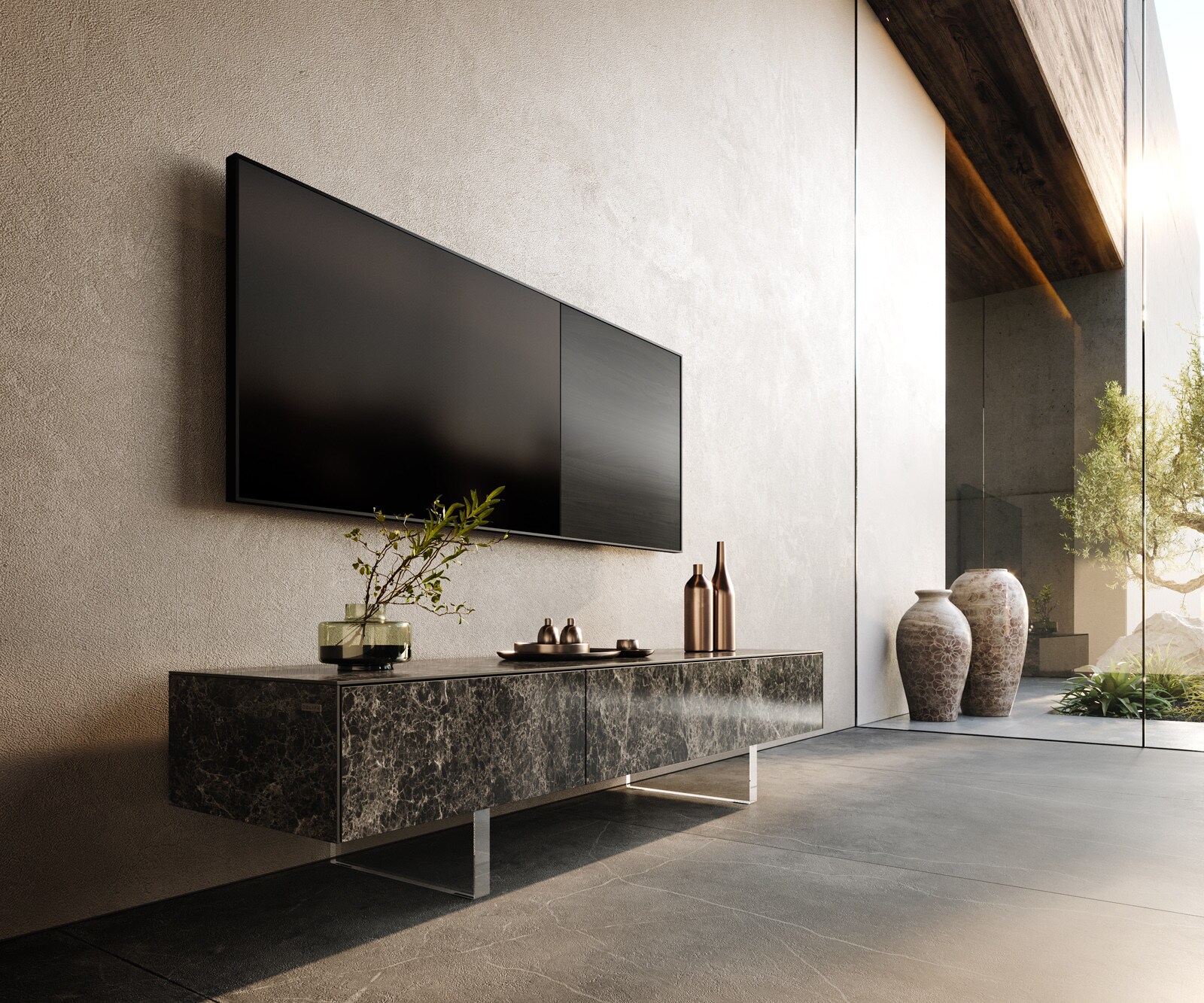 Meuble-TV Cuor 150 cm Céramique Laminam® Emperador Extra Lucidato brun foncé 1 Clapet 1 Tiroir Pied optique flottant Verre acrylique