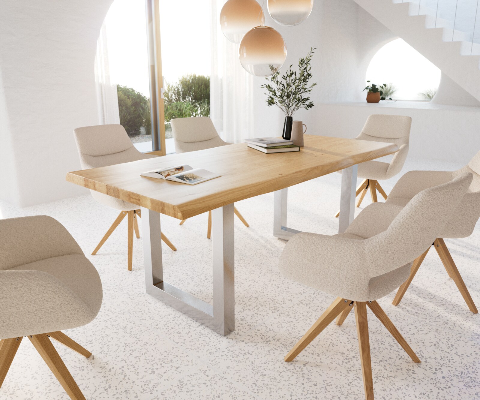 Table à manger Edge 200x100 chêne nature acier inoxydable large Live-Edge laqué 6 Table à manger Edge 200x100 chêne nature acier inoxydable large Live-Edge laqué 6