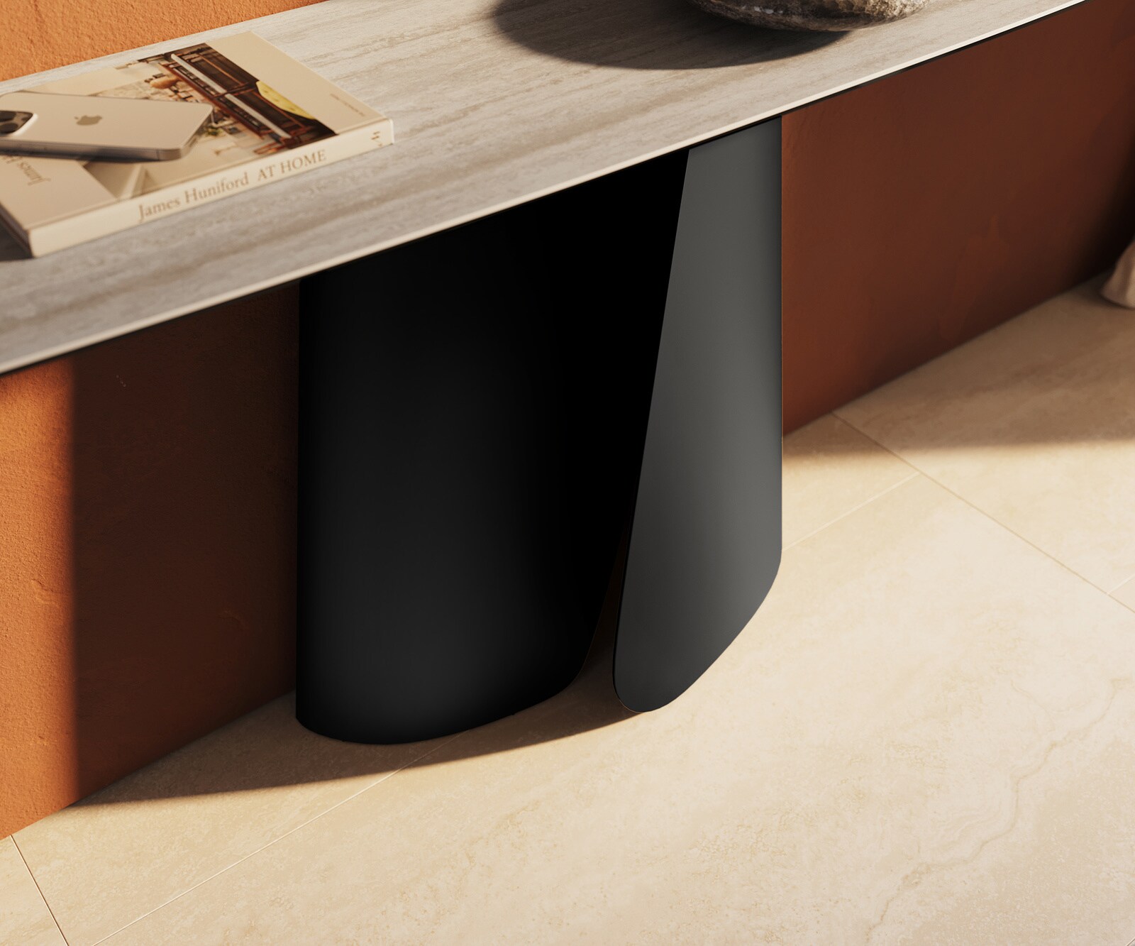 Console Edge forme bateau 180x40 cm Céramique Laminam® Travertino Bianco Creme-Weiß Livos Métal Noir 6