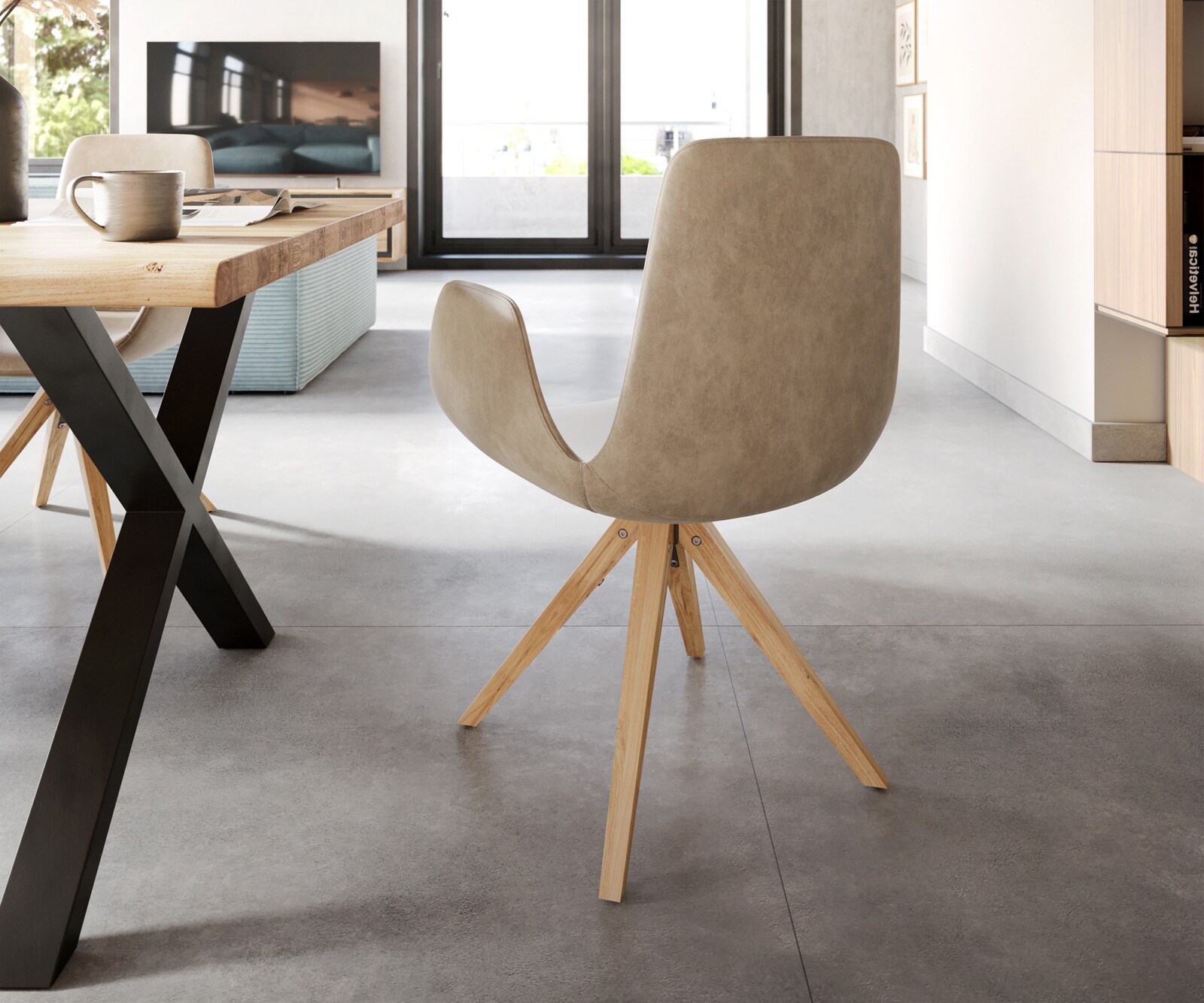 Chaise-de-salle-à-manger Ilia-Flex avec accoudoirs microvelours beige vintage pied en bois anguleux naturel 4 Chaise-de-salle-à-manger Ilia-Flex avec accoudoirs microvelours beige vintage pied en bois anguleux naturel 4