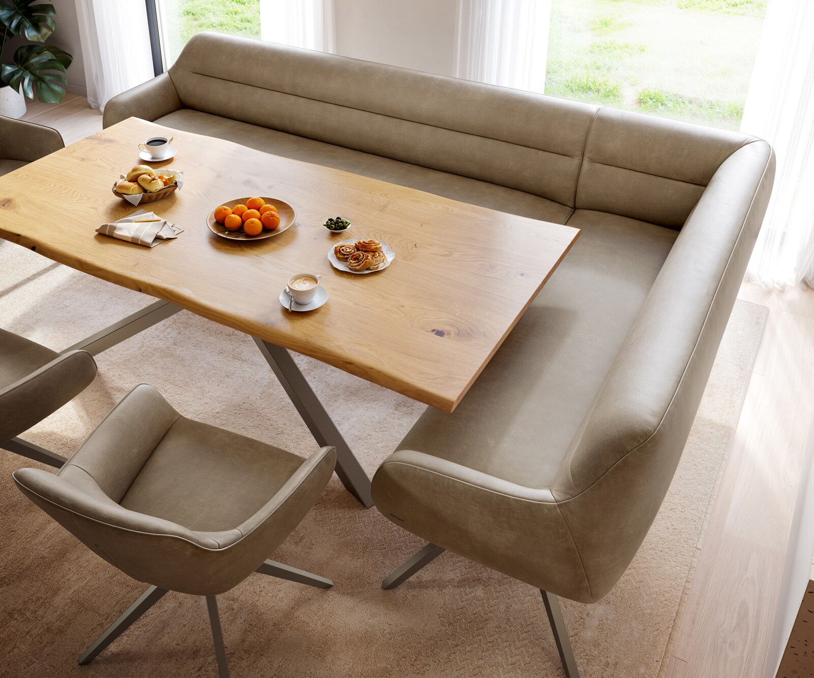 Banc-de-salle-à-manger Taya-Flex 285x190 cm microfibre beige vintage pied croisé angulaire titane ressort ensaché liens 4