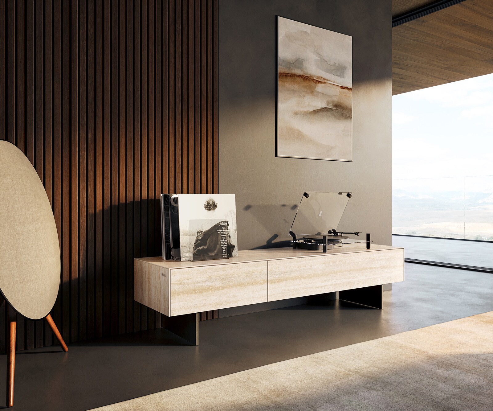 Meuble-TV Cuor 150 cm Céramique Laminam® Travertino Bianco Crème-blanc 1 Clapet 1 Tiroir Pied optique flottant Métal Noir