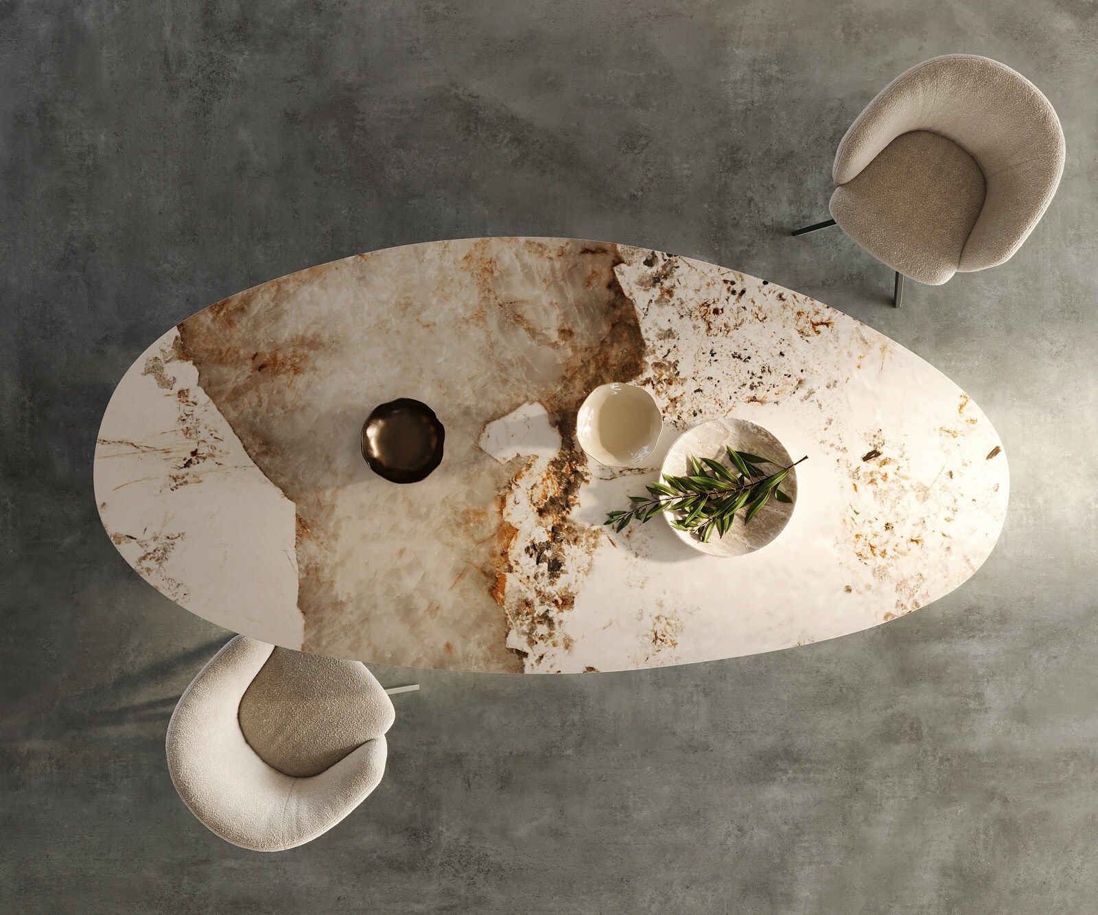 Table-à-manger Edge Oval 280x130 Céramique Minas Melange Blanc-Beige Estelar ronde Métal finition effet titane 4