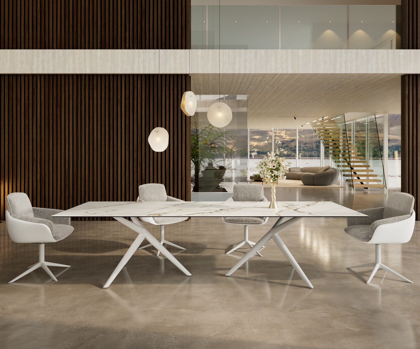 Table à manger Edge 300x100 Céramique Calacatta Luxe Blanc-Doré-Gris Estelar rond Métal Blanc