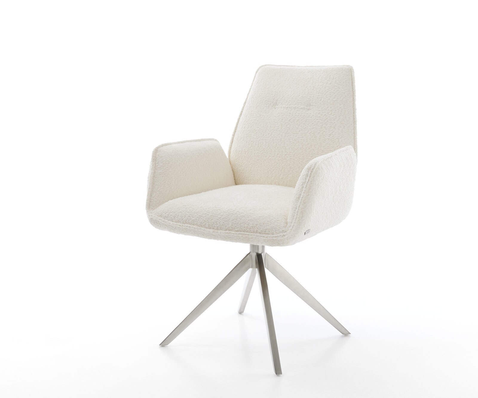 Chaise-de-salle-à-manger Zoa-Flex bouclé blanc pied croisé large acier inoxydable brossé ressorts ensachés