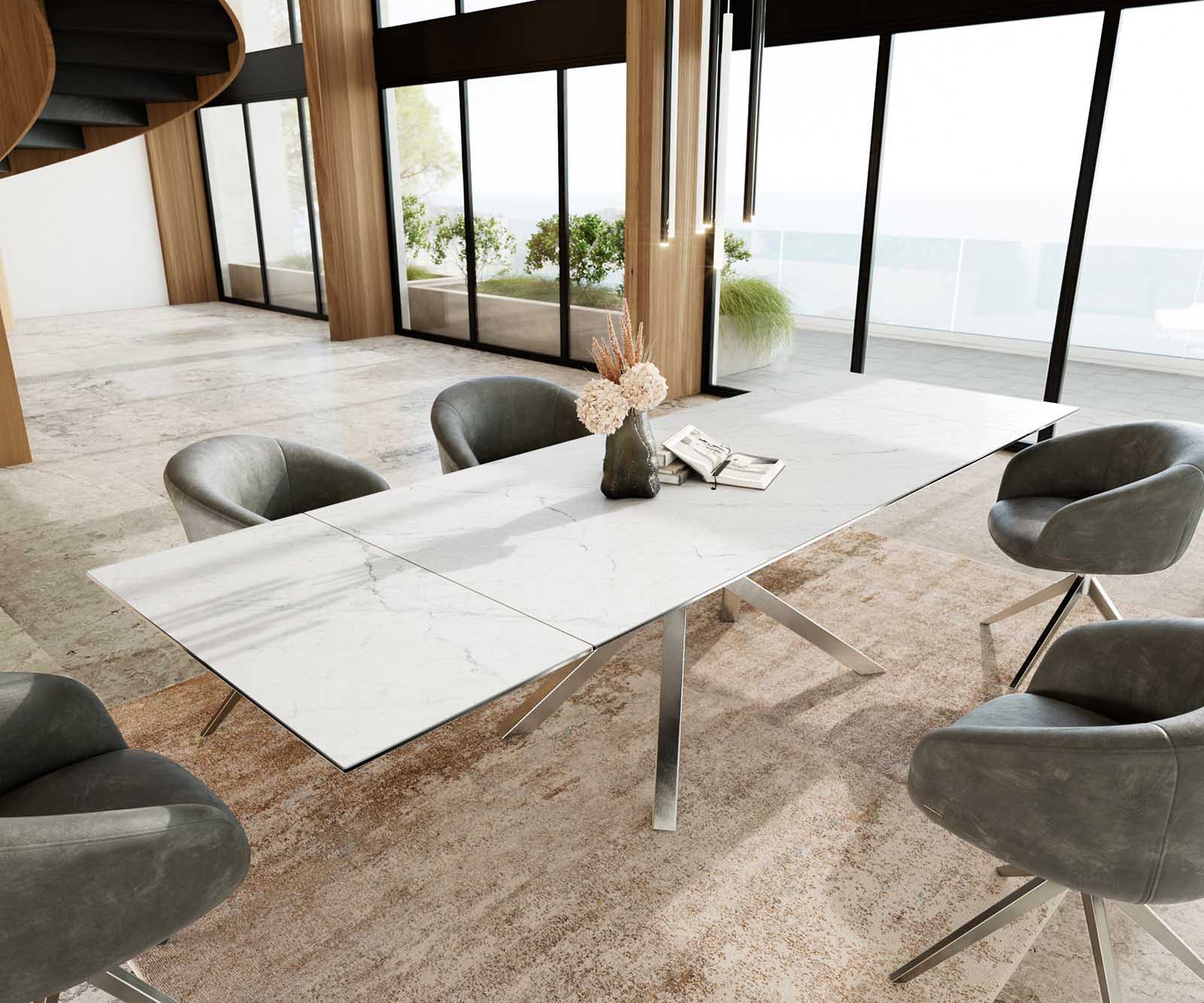 Table à manger Edge 200-300x100 céramique Laminam®Statuarietto blanc cadre croisé rectangulaire acier inoxydable extensible 1
