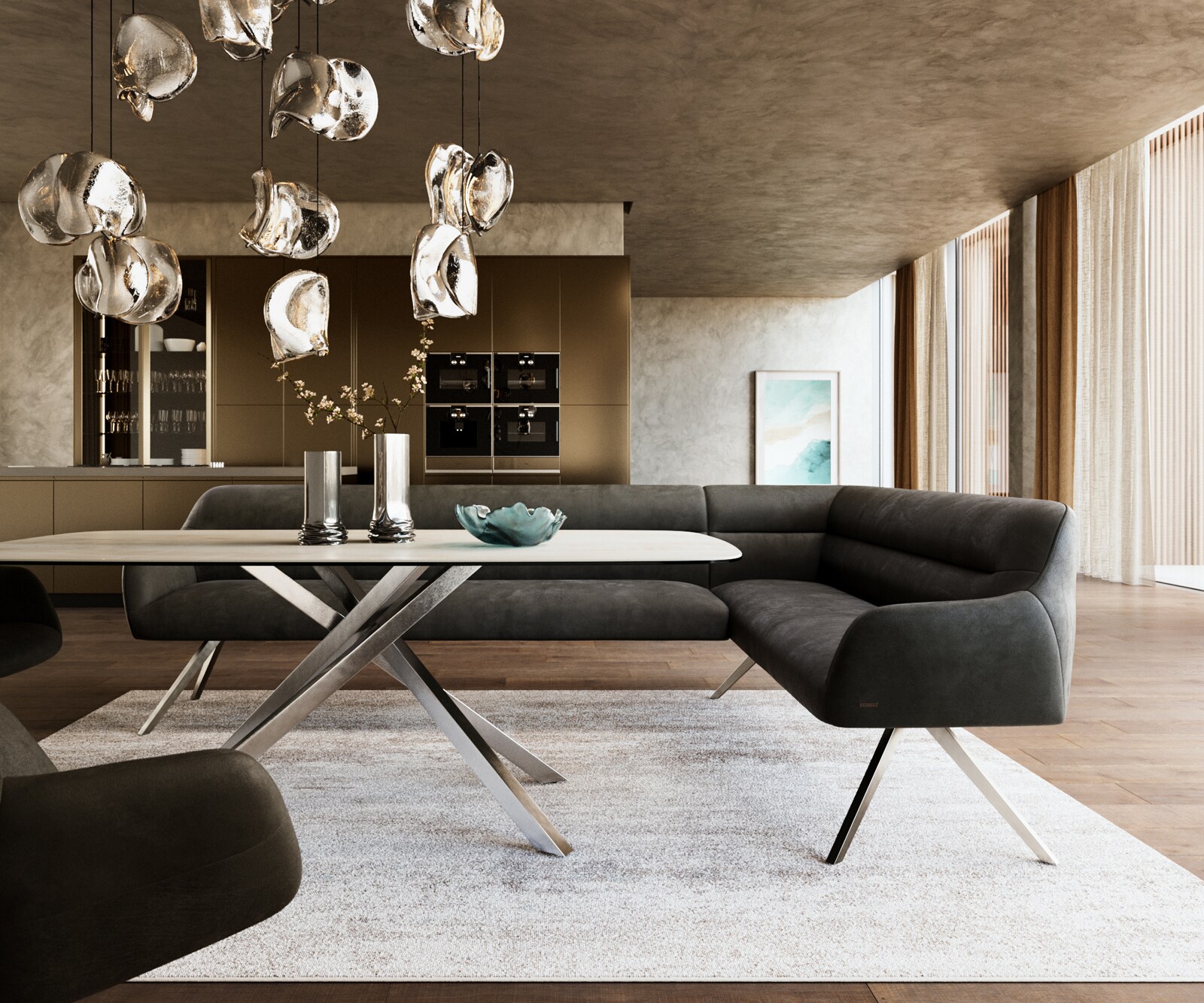 Banc-de-salle-à-manger Taya-Flex 285x190 cm microfibre antracite vintage pied croisé angulaire acier inoxydable ressort ensaché liens 2