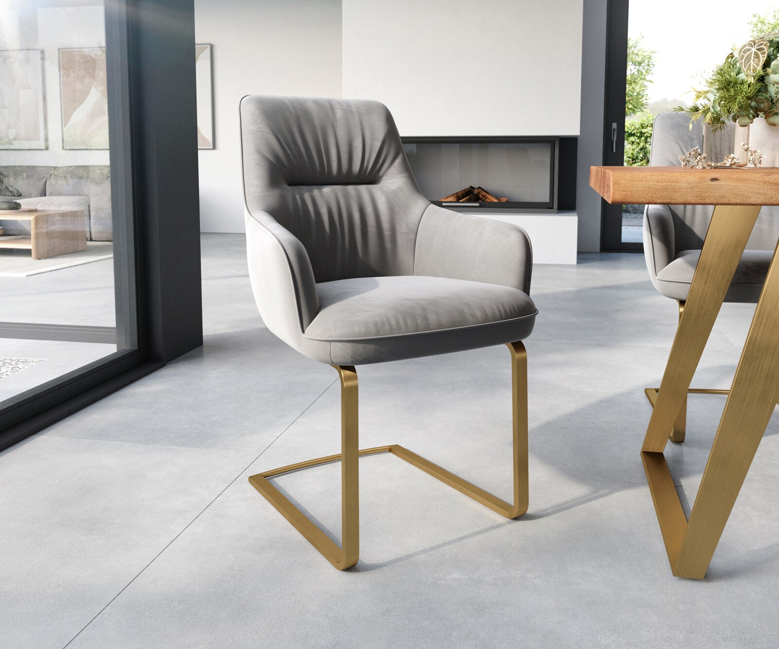 Cantilever Zelia-Flex avec accoudoirs velours gris pied cantilever plat or ressorts ensachés