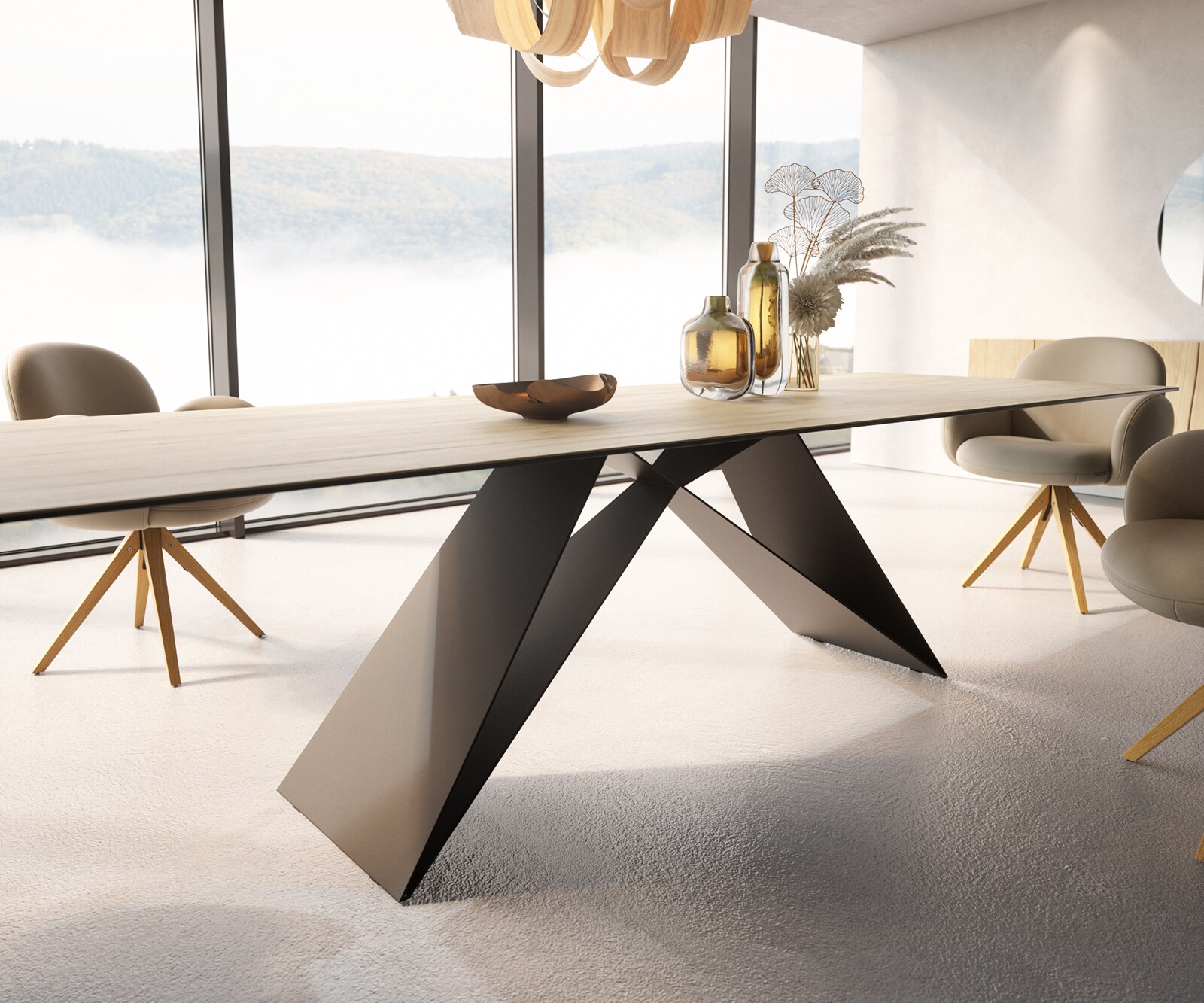 Table à manger Edge 300x100 céramique Laminam® Sabbia couleur chêne cadre en V acier plat noir 5