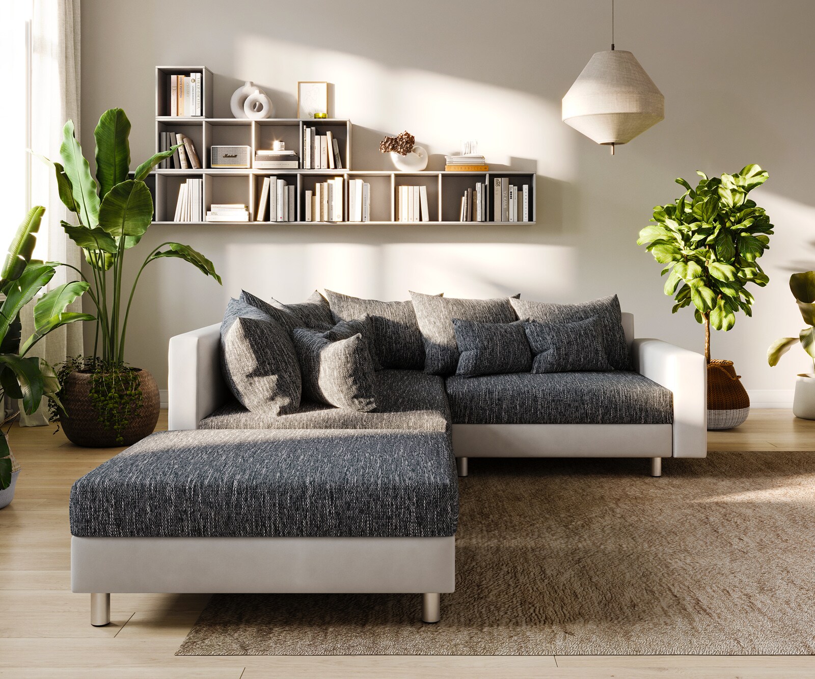 Canapé-d'angle Clovis blanc noir modulaire accoudoir Tabouret Pouf Gauche  1