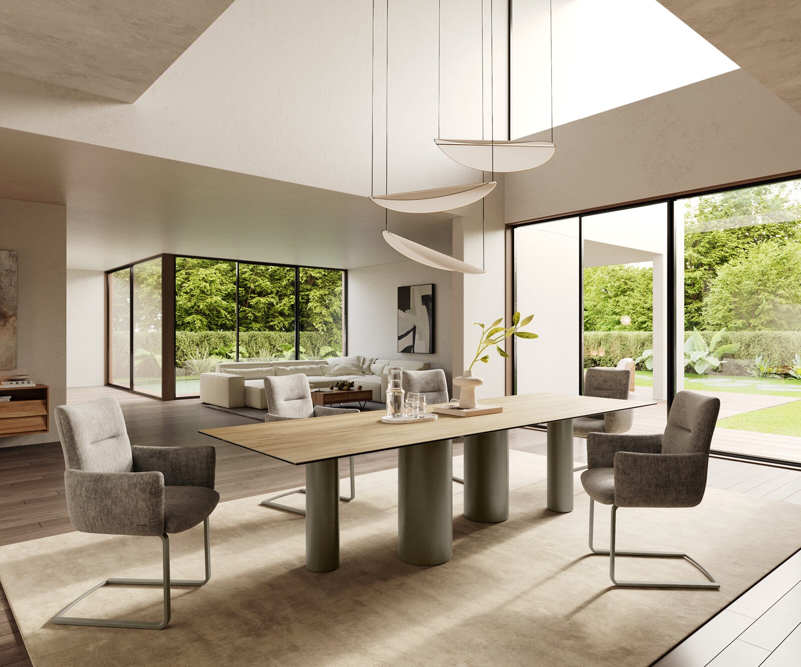 Table à manger Edge 300x100 Céramique Laminam® Sabbia Couleur chêne Pilier Métal finition à effet Titane 5