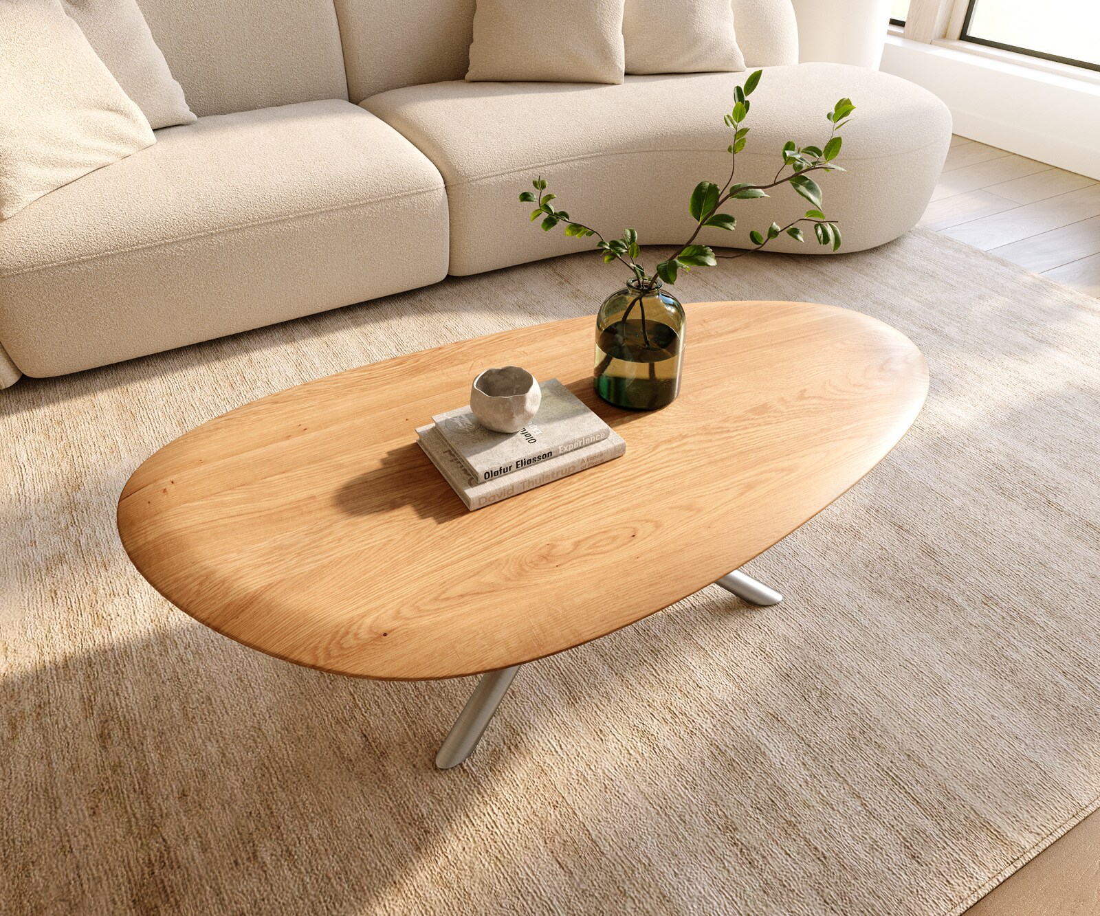 Table basse Edge Oval 140x75 cm chêne naturel bord arrondi Sarity acier inoxydable brossé 4